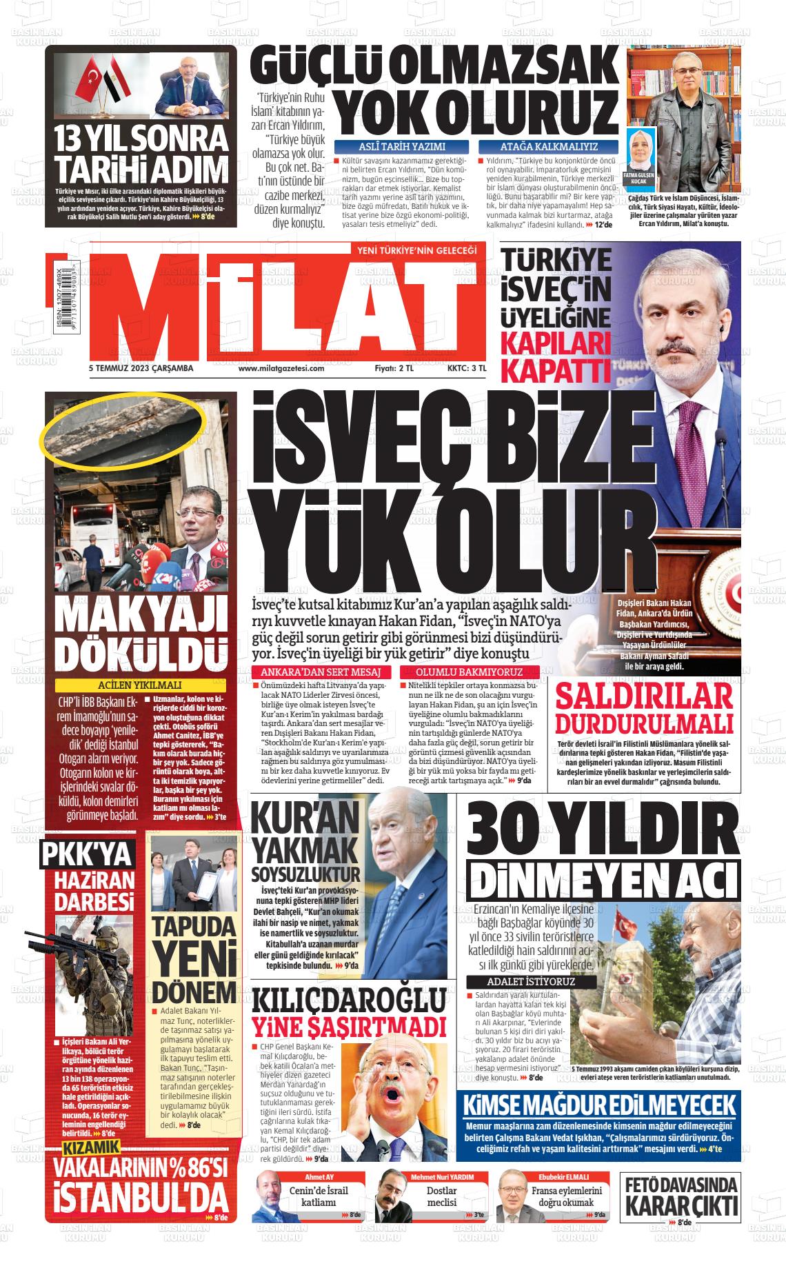 05 Temmuz 2023 Milat Gazete Manşeti