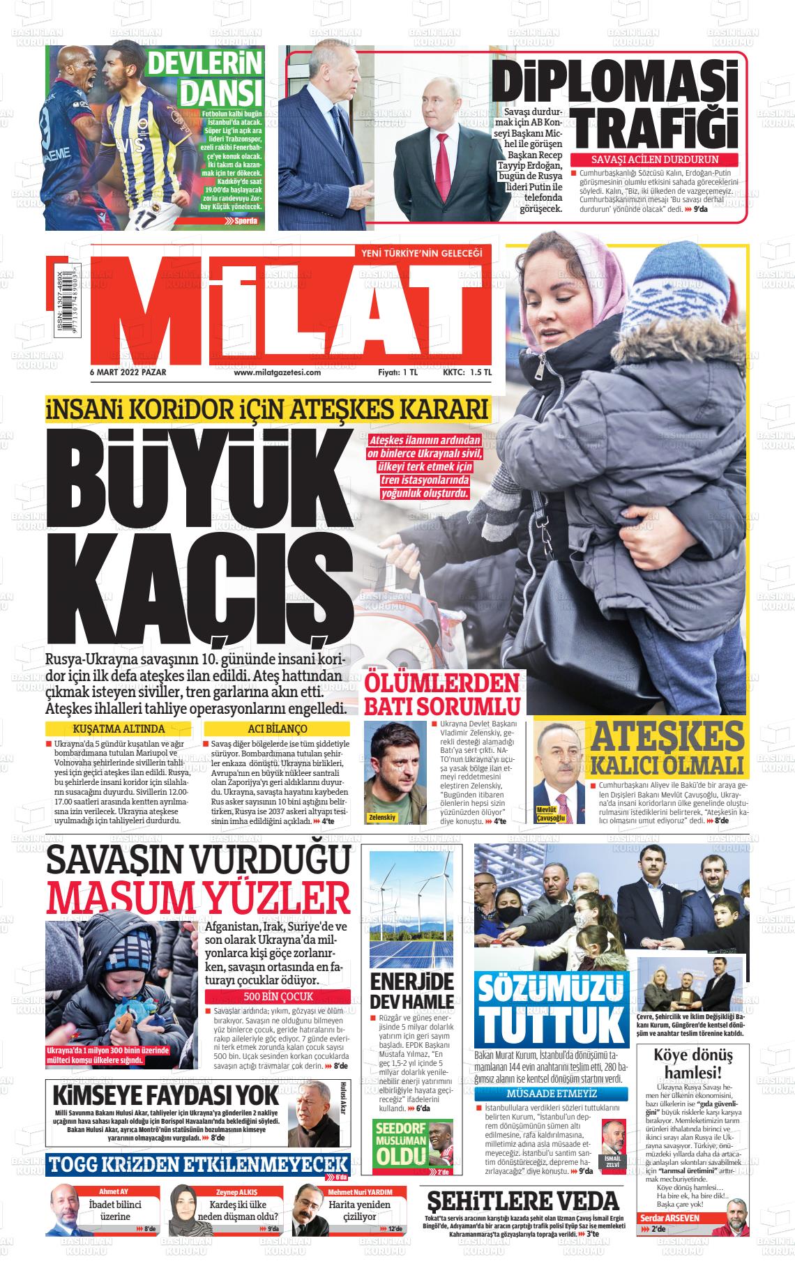 06 Mart 2022 Milat Gazete Manşeti