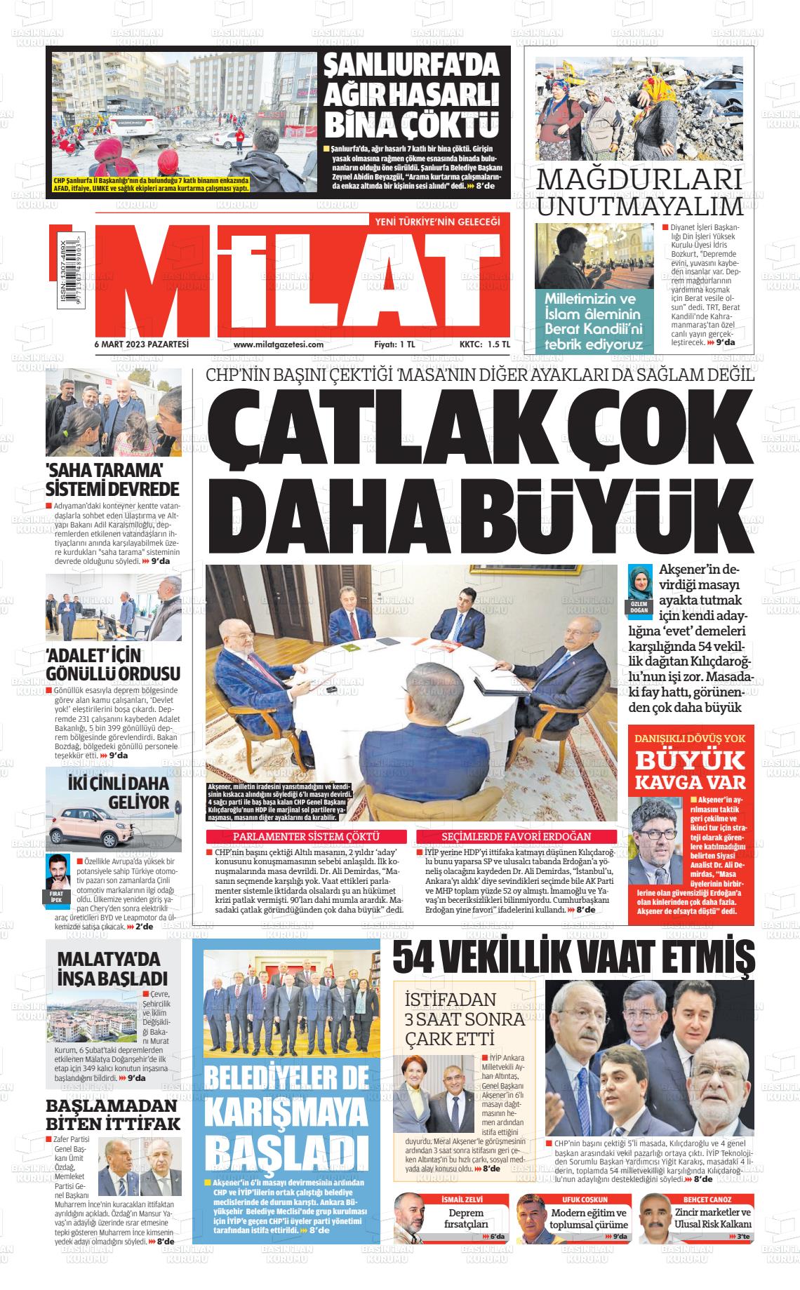 06 Mart 2023 Milat Gazete Manşeti