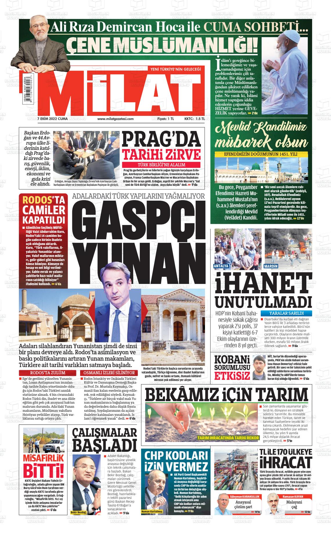 07 Ekim 2022 Milat Gazete Manşeti