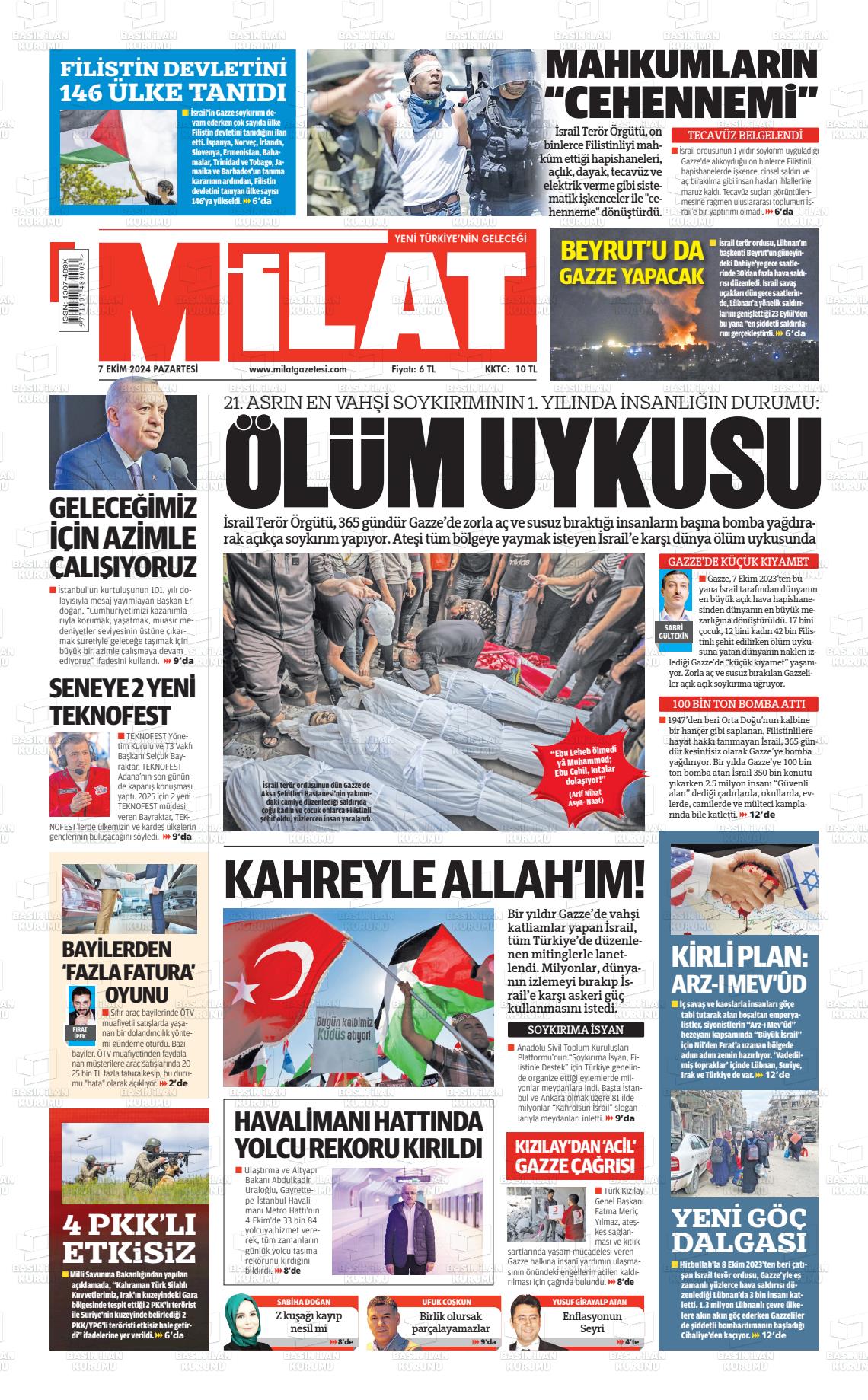 07 Ekim 2024 Milat Gazete Manşeti