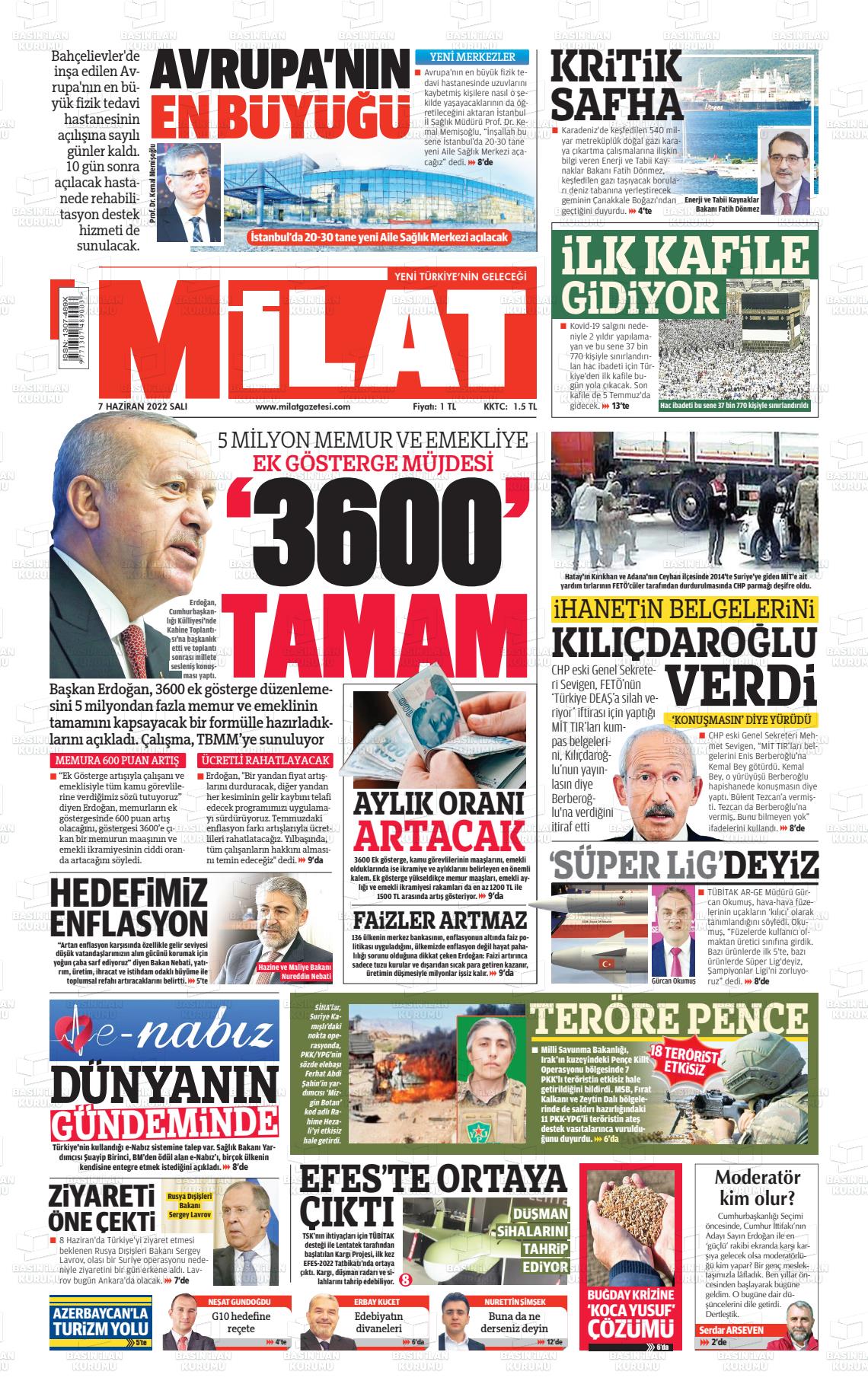 07 Haziran 2022 Milat Gazete Manşeti