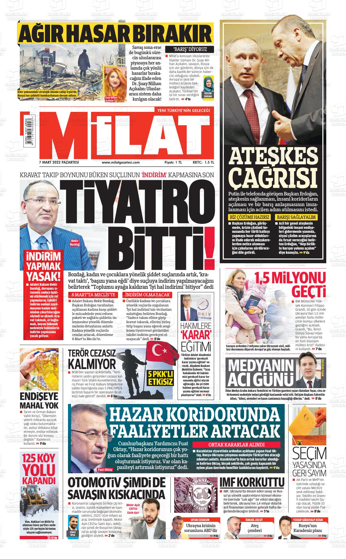 07 Mart 2022 Milat Gazete Manşeti