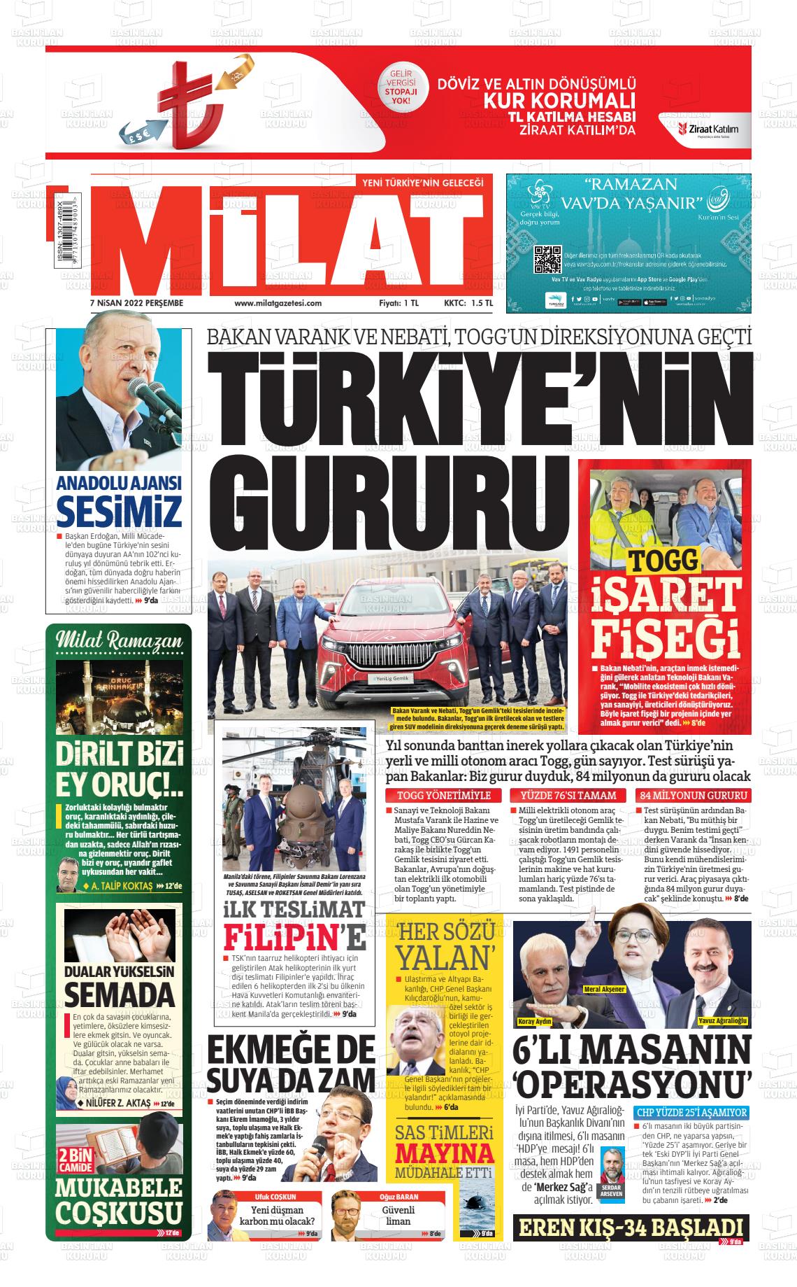 07 Nisan 2022 Milat Gazete Manşeti