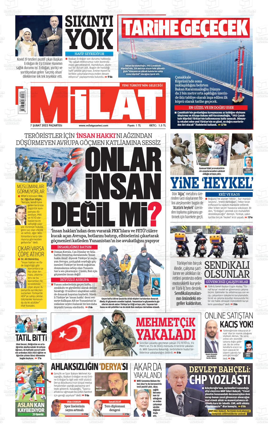 07 Şubat 2022 Milat Gazete Manşeti