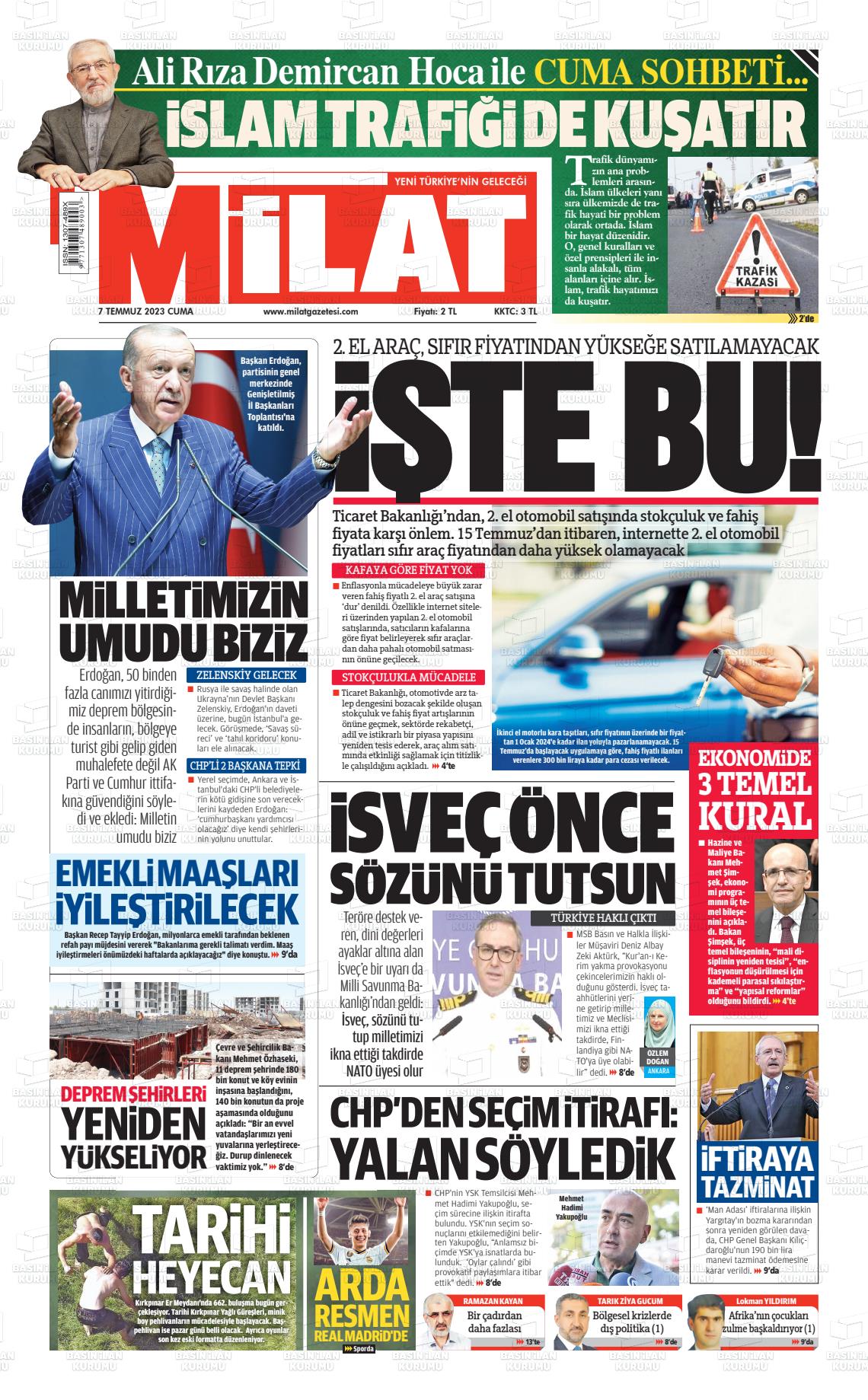 07 Temmuz 2023 Milat Gazete Manşeti