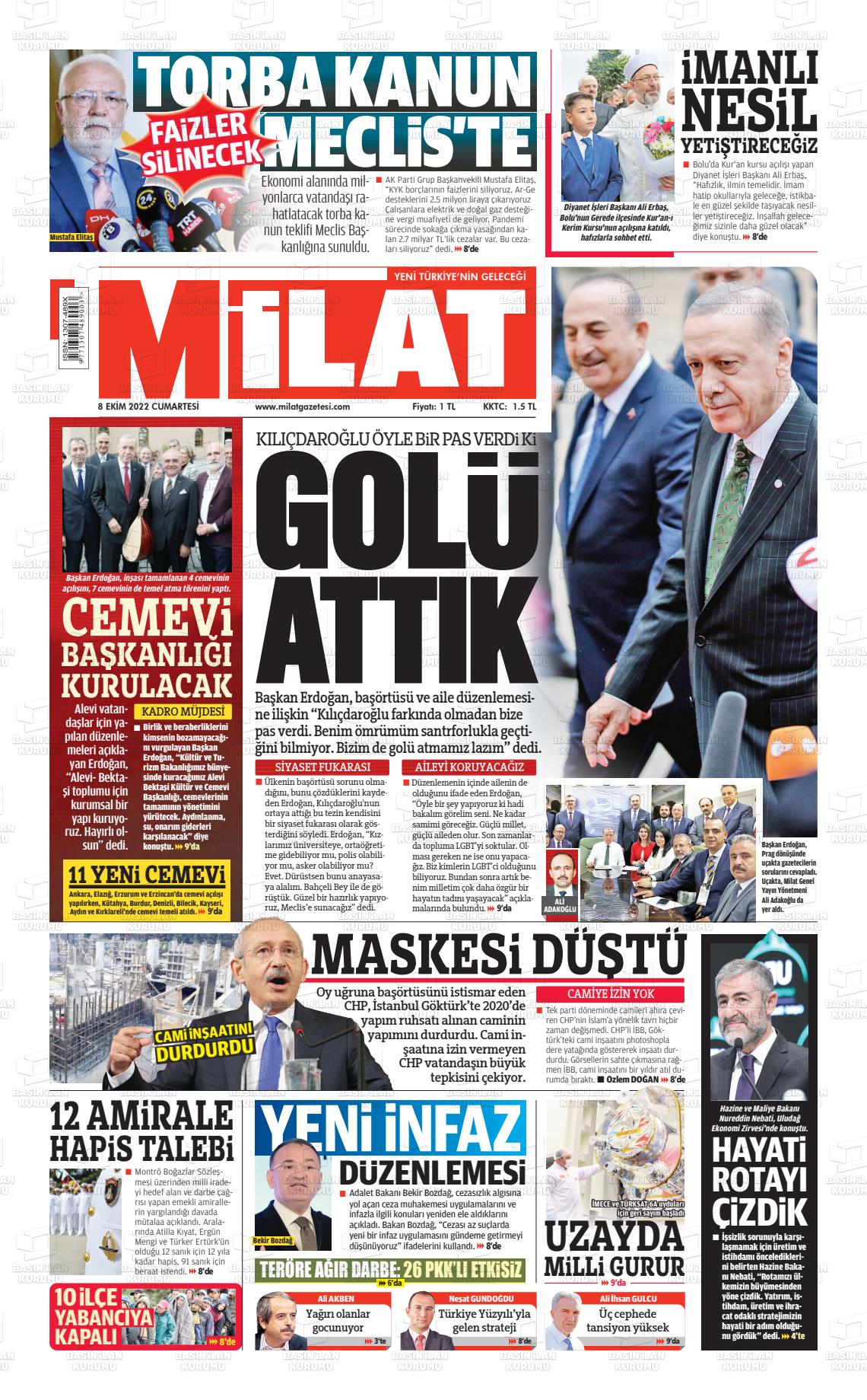 08 Ekim 2022 Milat Gazete Manşeti