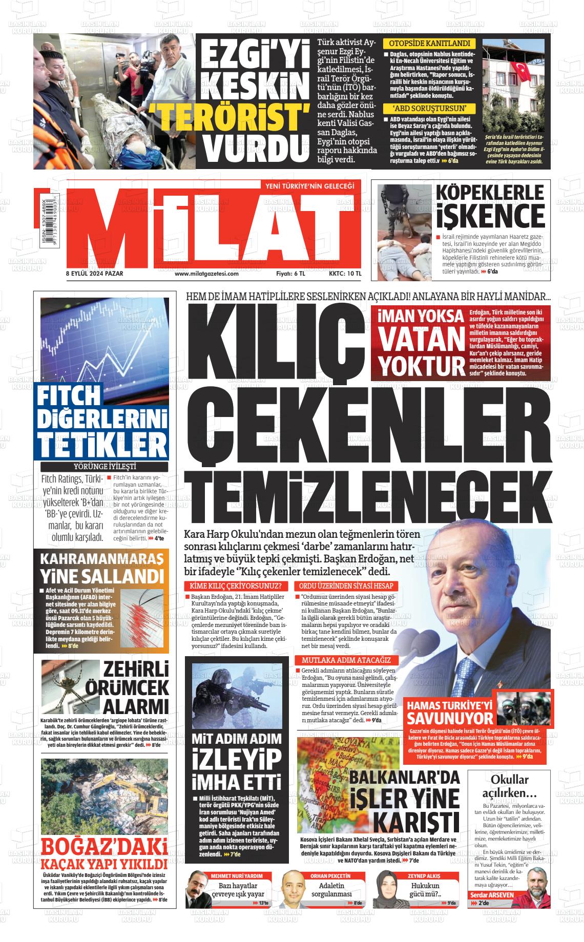 08 Eylül 2024 Milat Gazete Manşeti