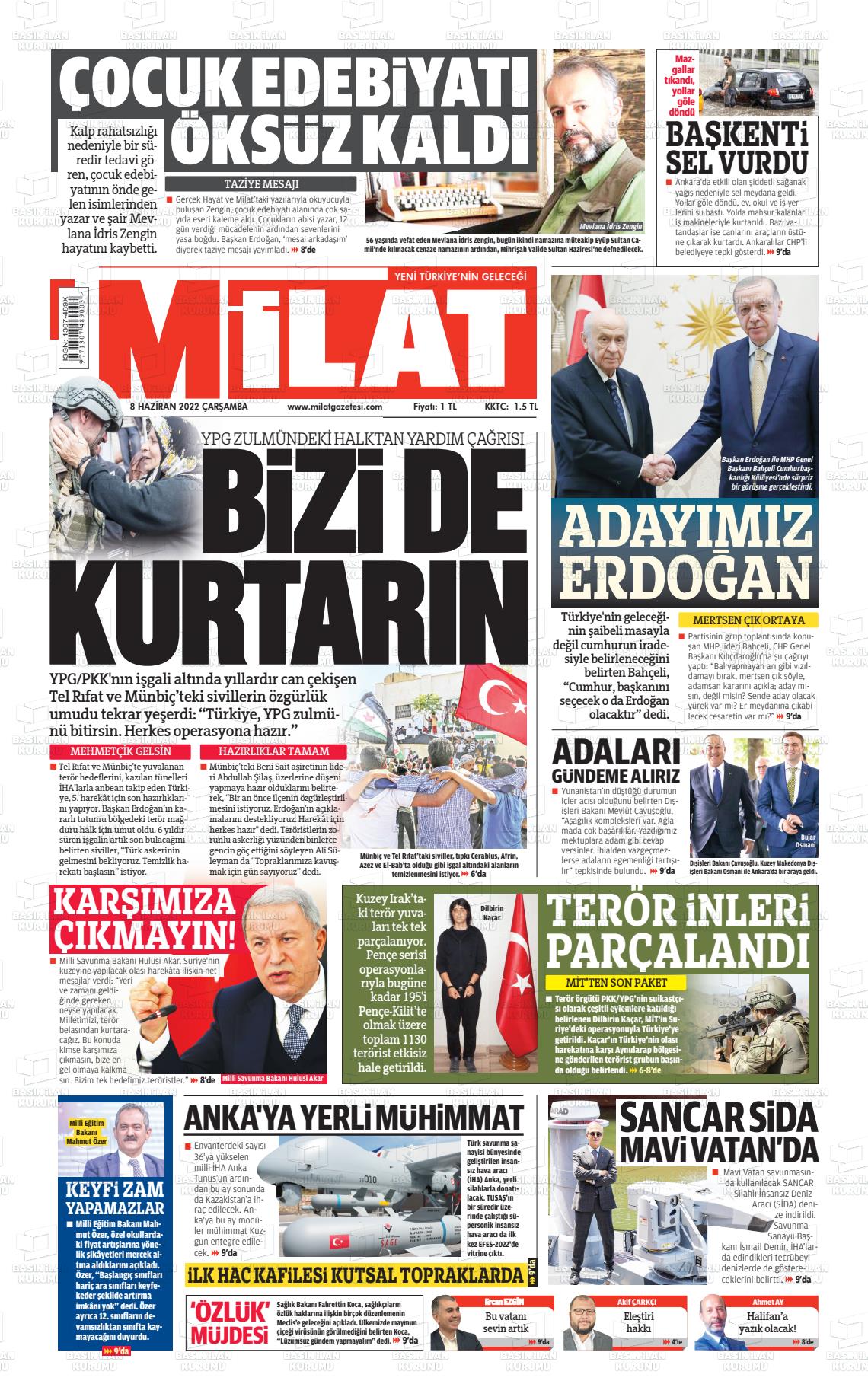 08 Haziran 2022 Milat Gazete Manşeti