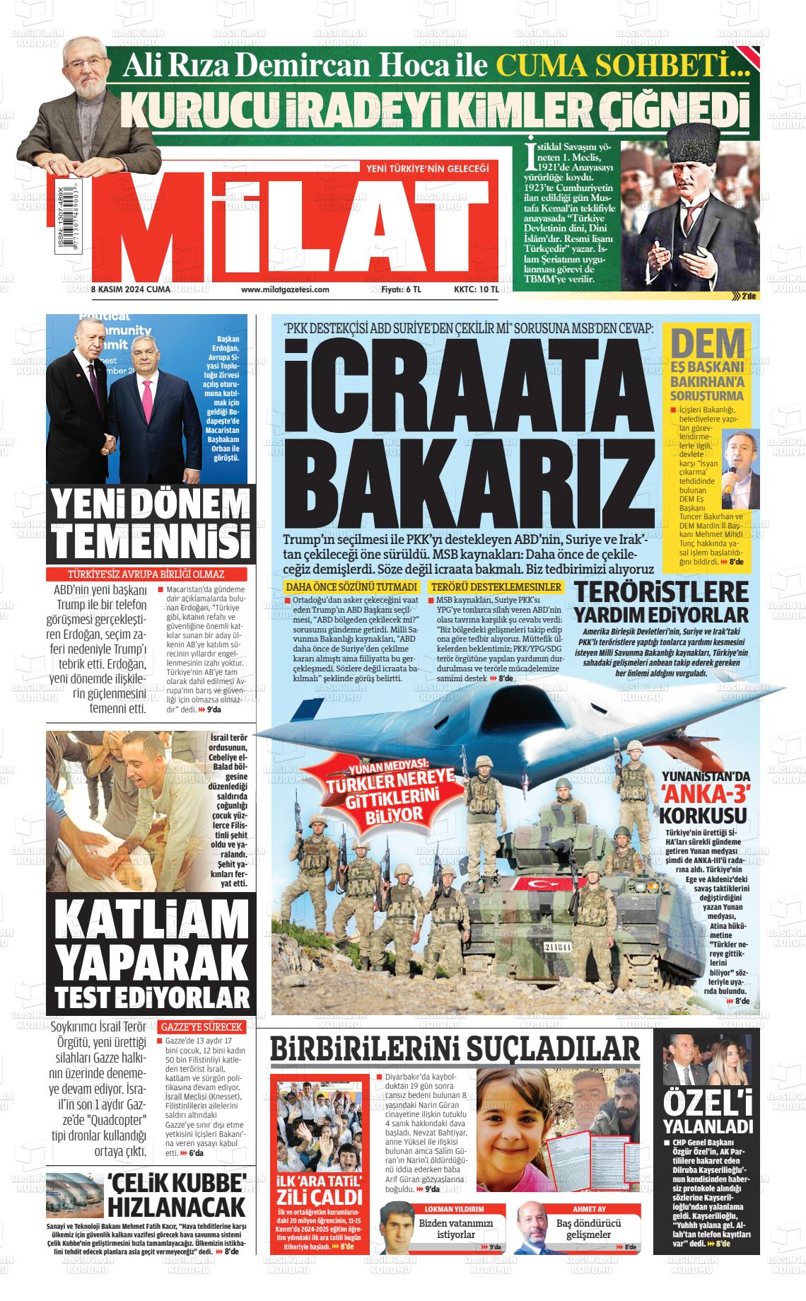 08 Kasım 2024 Milat Gazete Manşeti