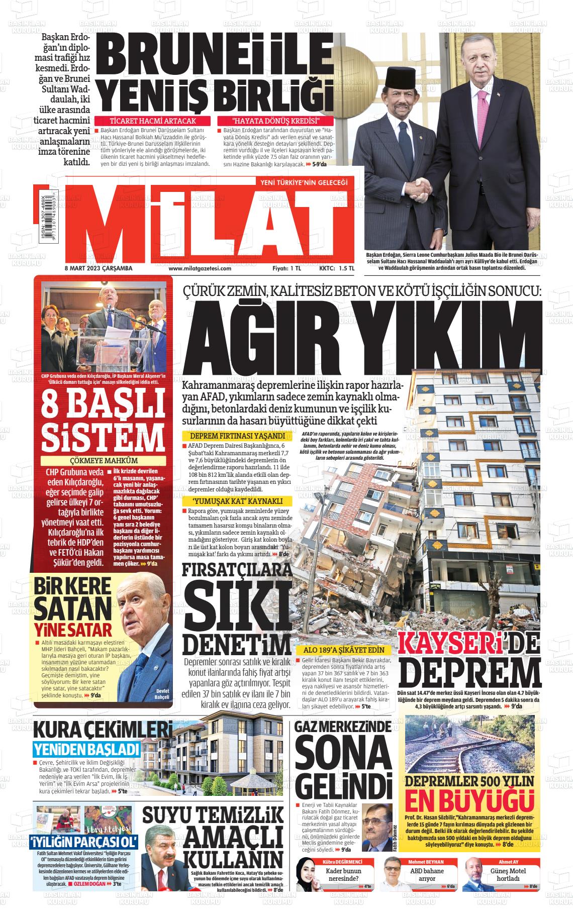 08 Mart 2023 Milat Gazete Manşeti