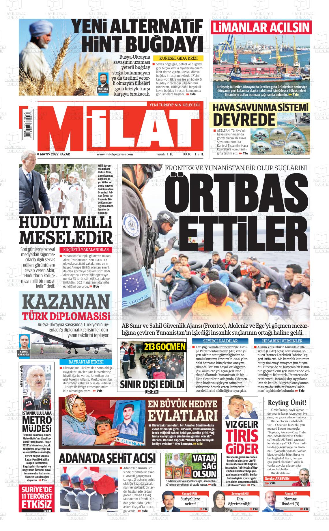 08 Mayıs 2022 Milat Gazete Manşeti