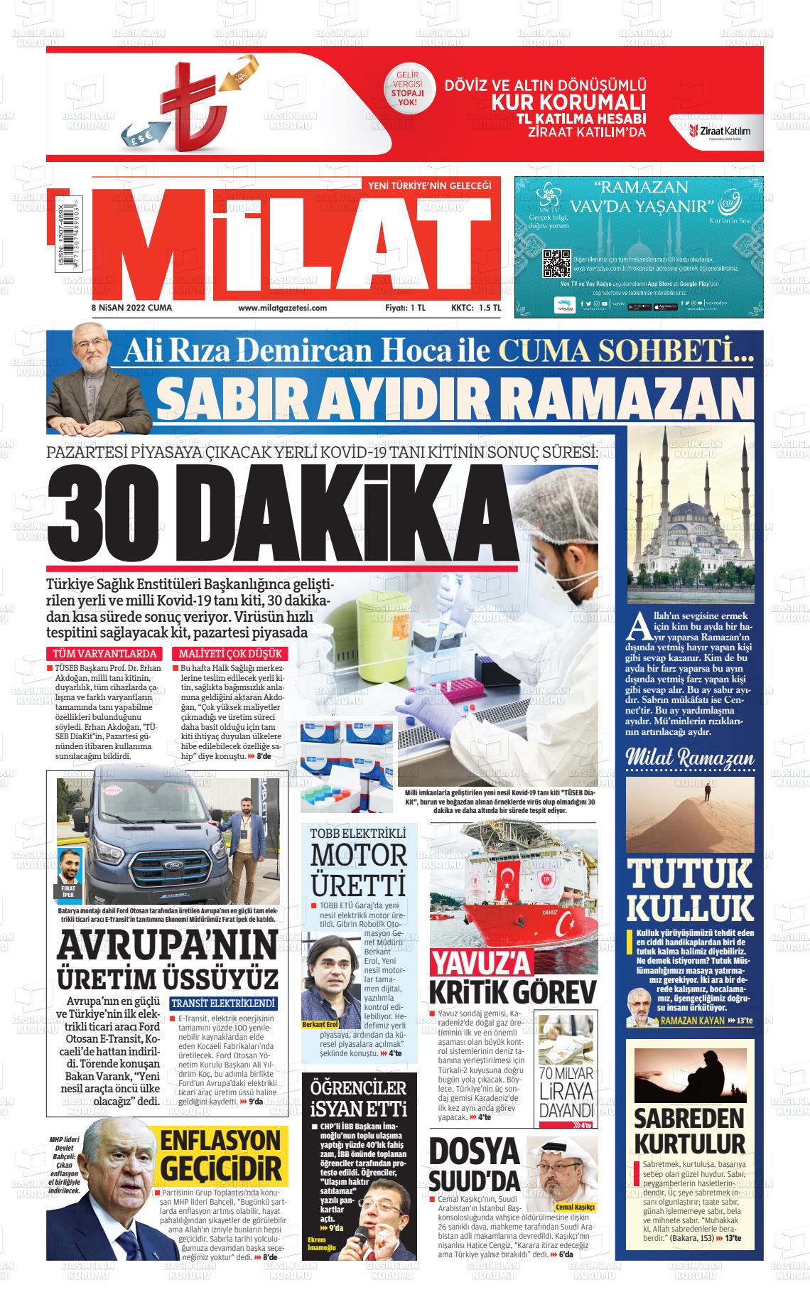 08 Nisan 2022 Milat Gazete Manşeti