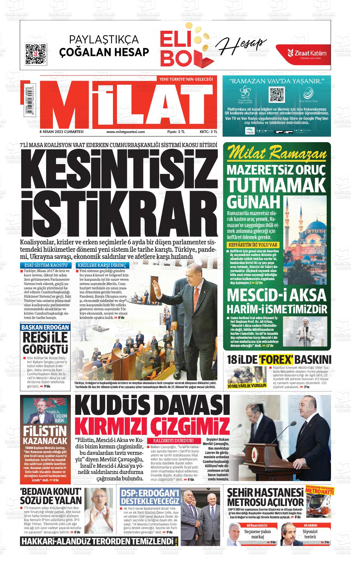 08 Nisan 2023 Milat Gazete Manşeti