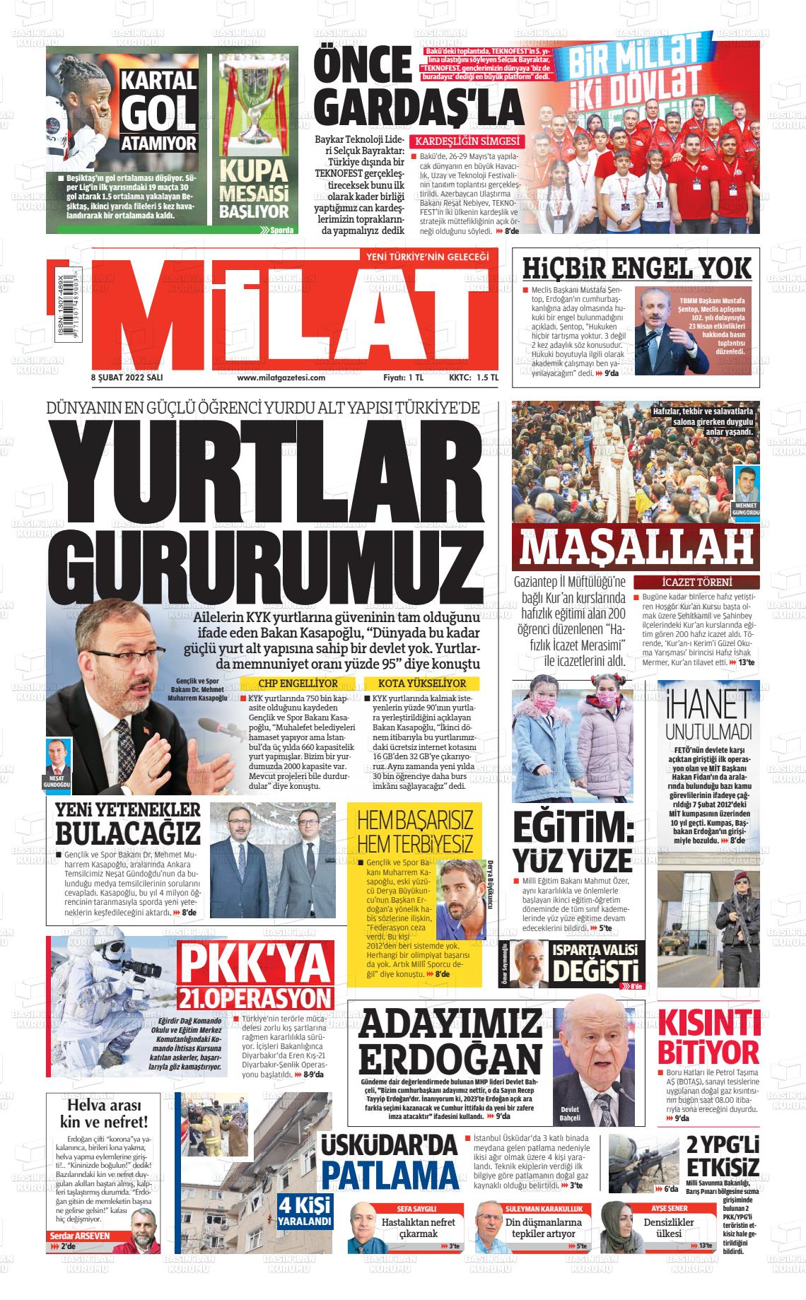 08 Şubat 2022 Milat Gazete Manşeti