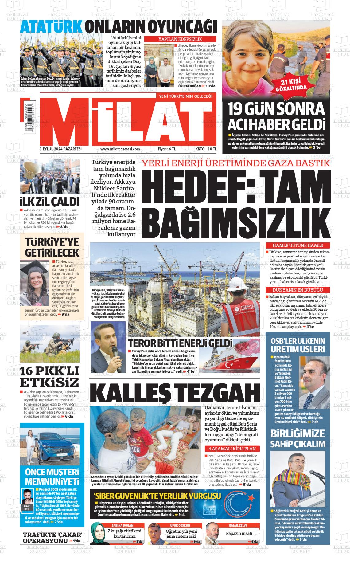 09 Eylül 2024 Milat Gazete Manşeti