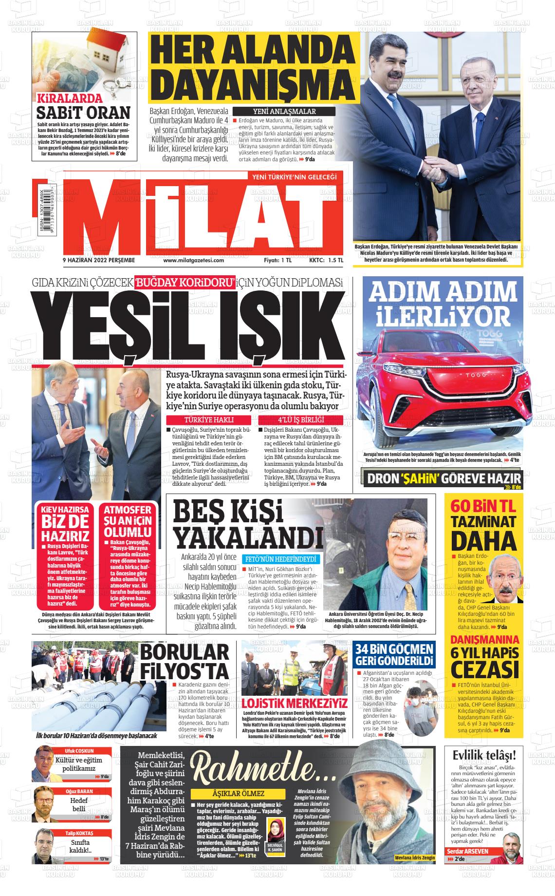 09 Haziran 2022 Milat Gazete Manşeti