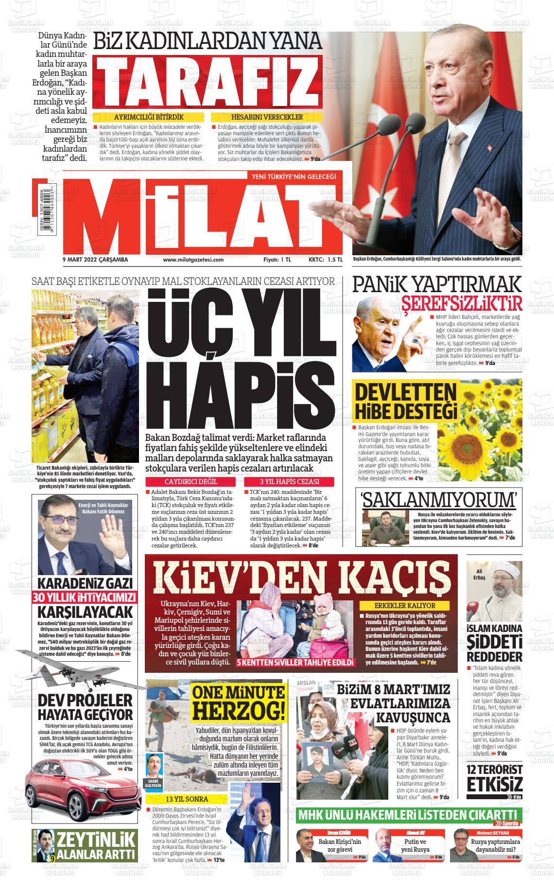 09 Mart 2022 Milat Gazete Manşeti