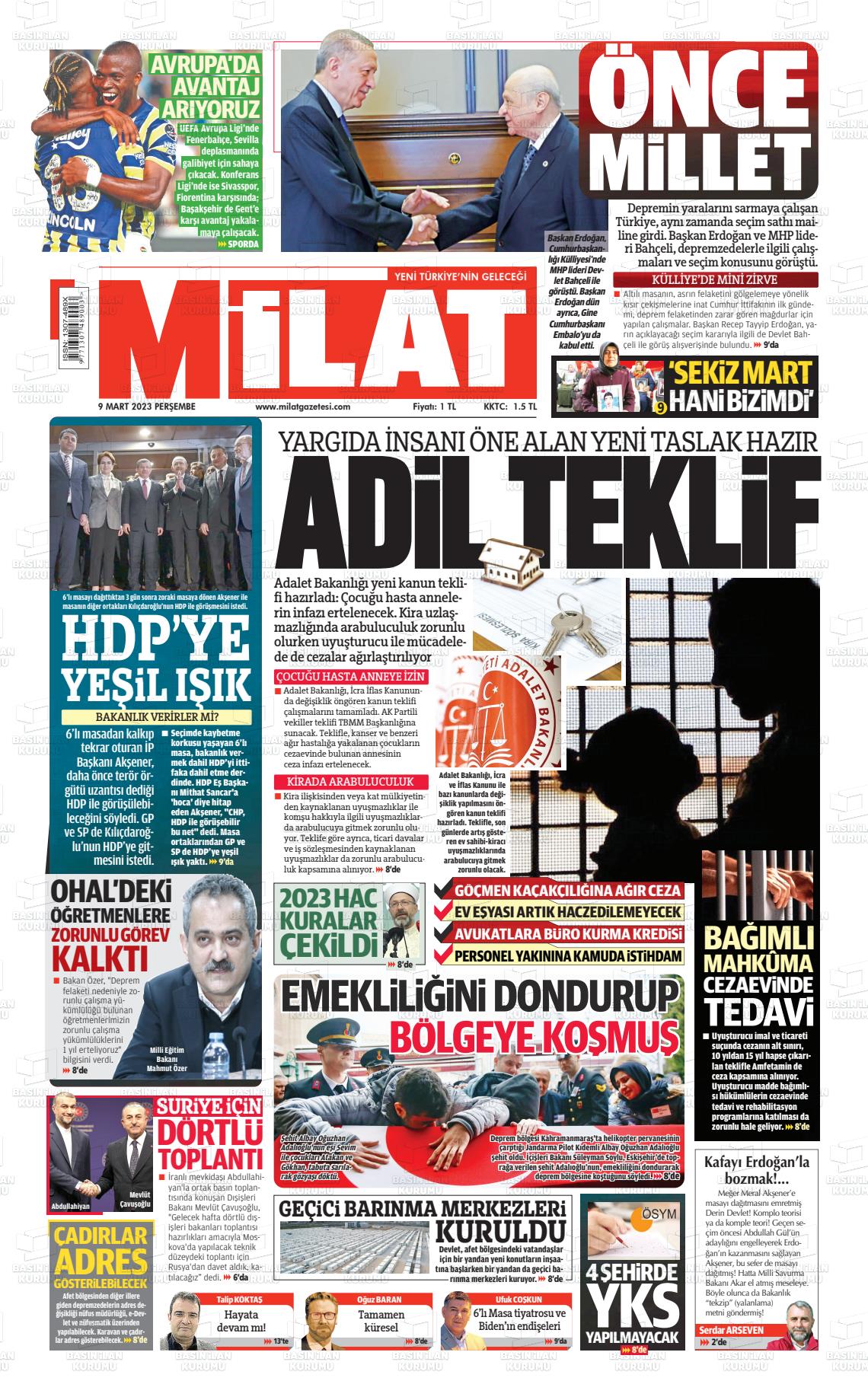 09 Mart 2023 Milat Gazete Manşeti