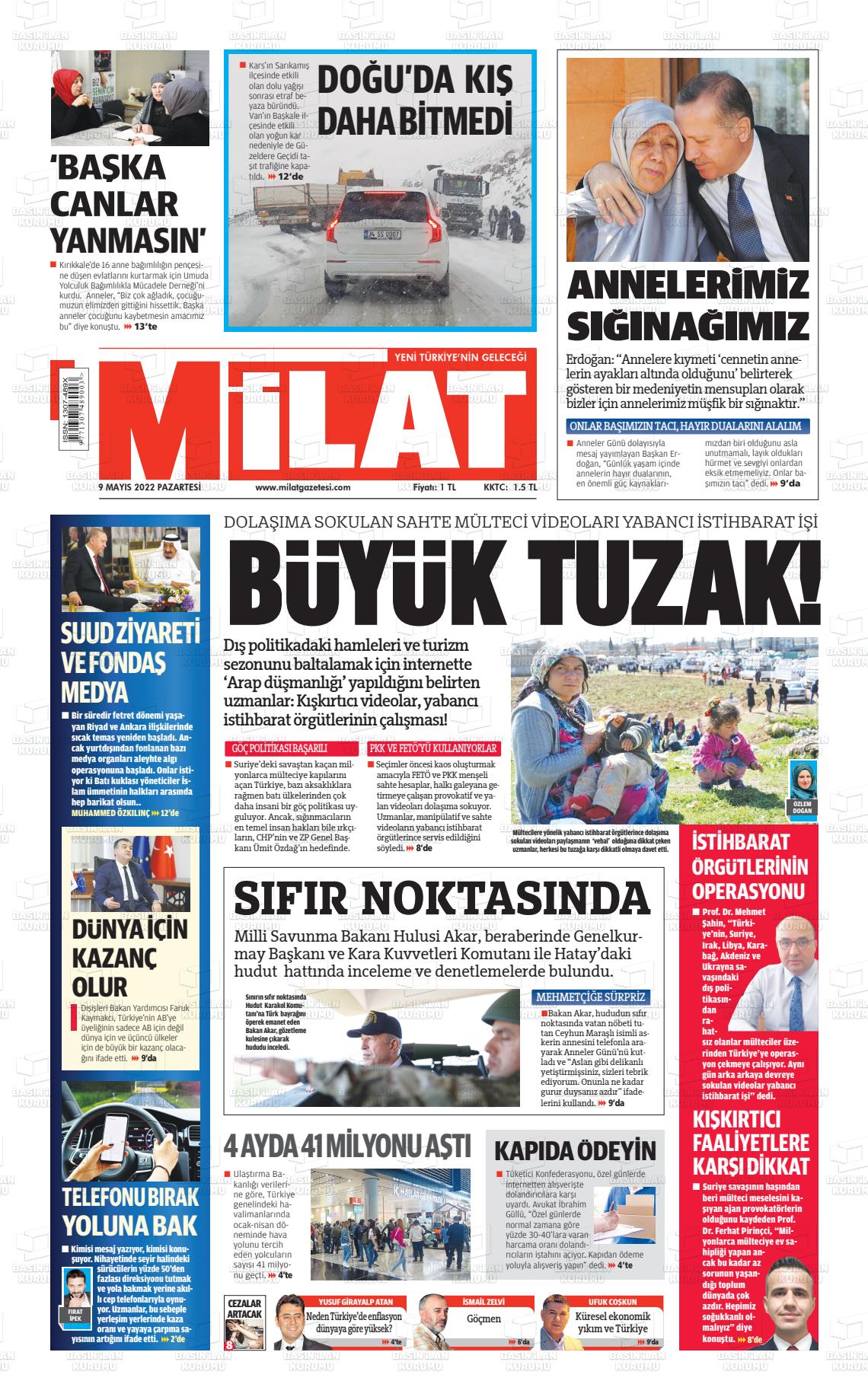 09 Mayıs 2022 Milat Gazete Manşeti