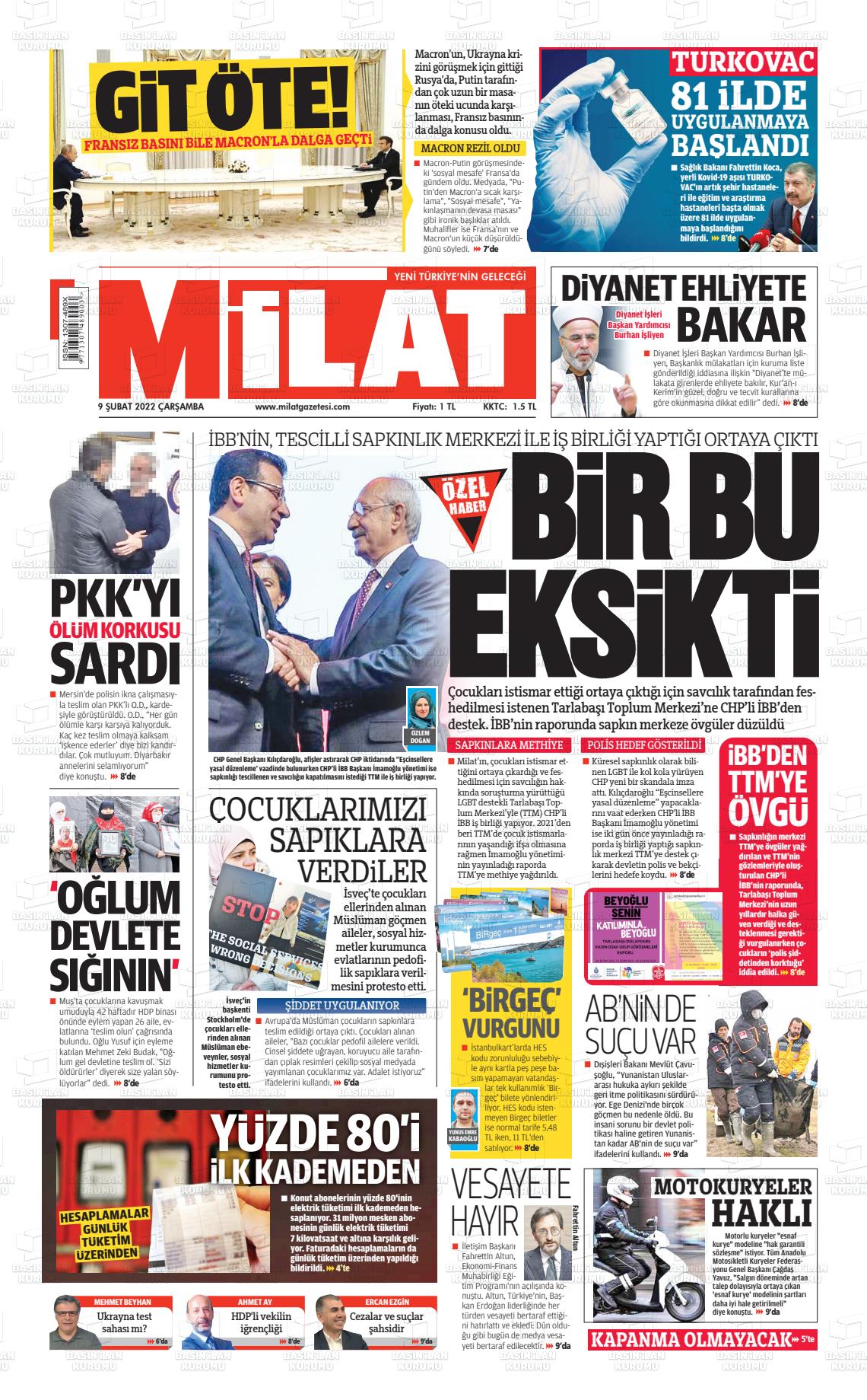 09 Şubat 2022 Milat Gazete Manşeti