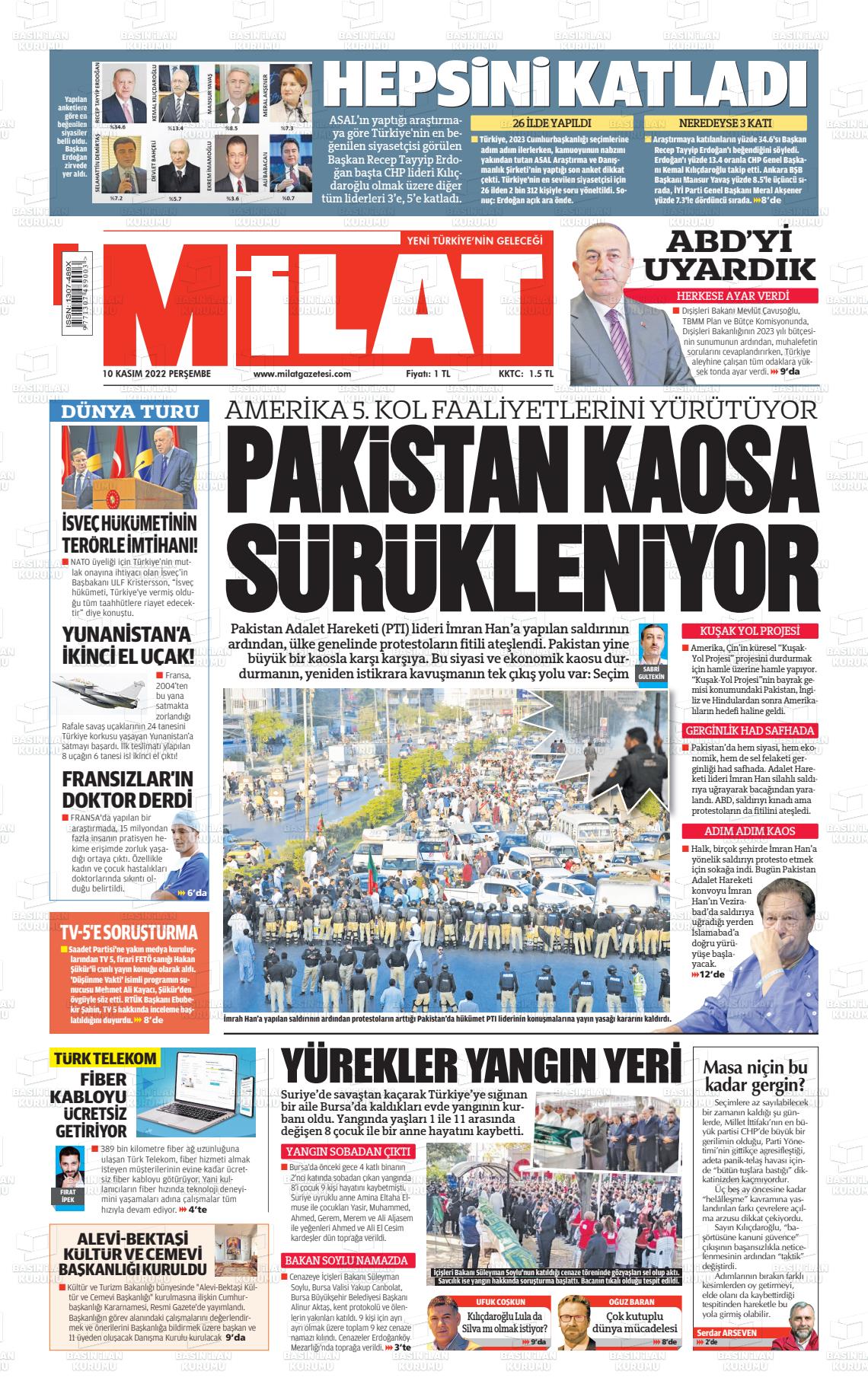 10 Kasım 2022 Milat Gazete Manşeti