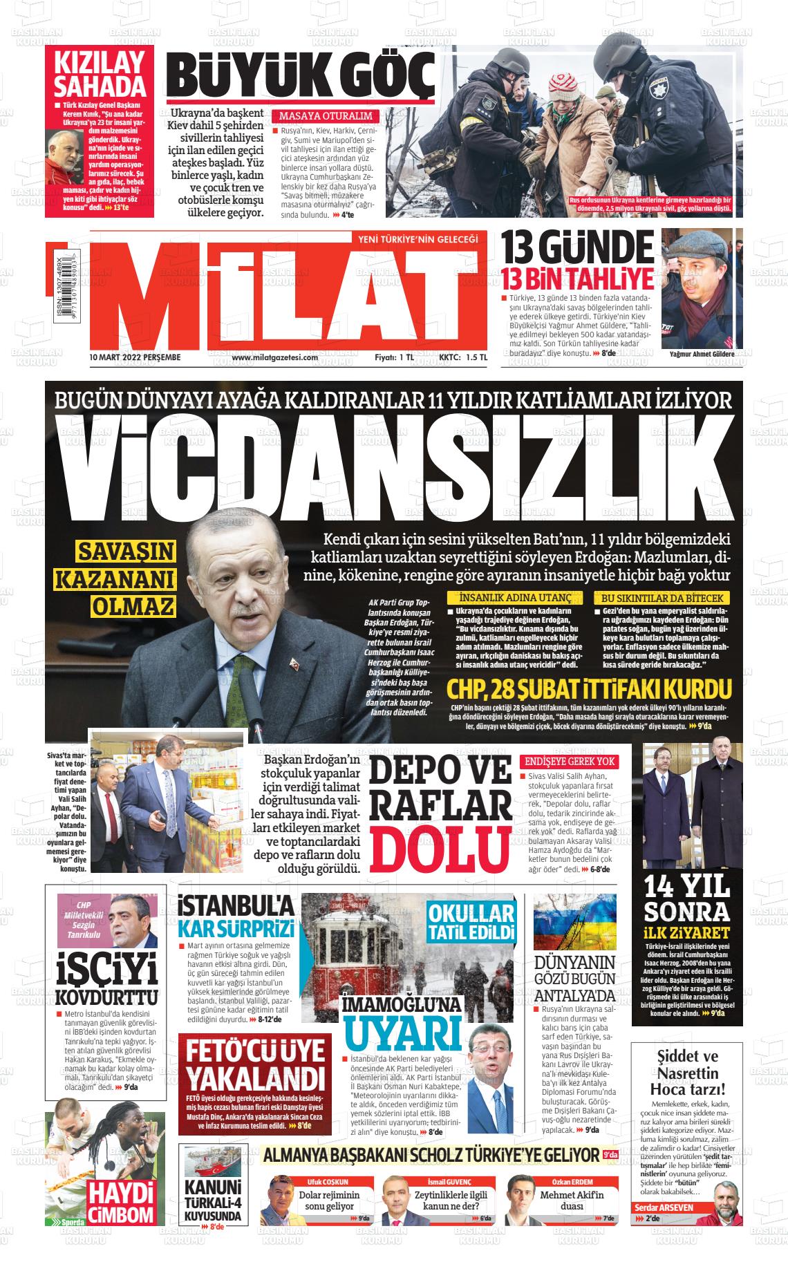 10 Mart 2022 Milat Gazete Manşeti