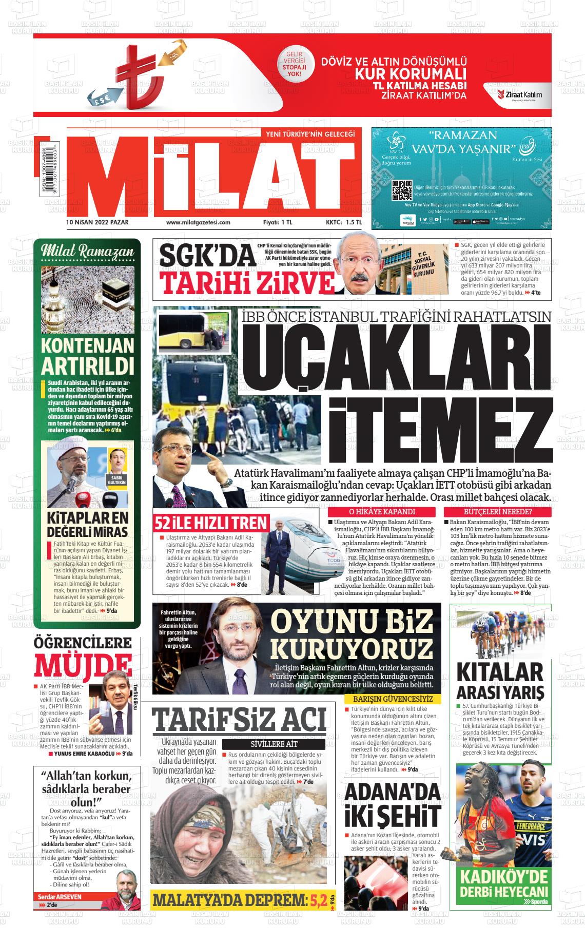 10 Nisan 2022 Milat Gazete Manşeti