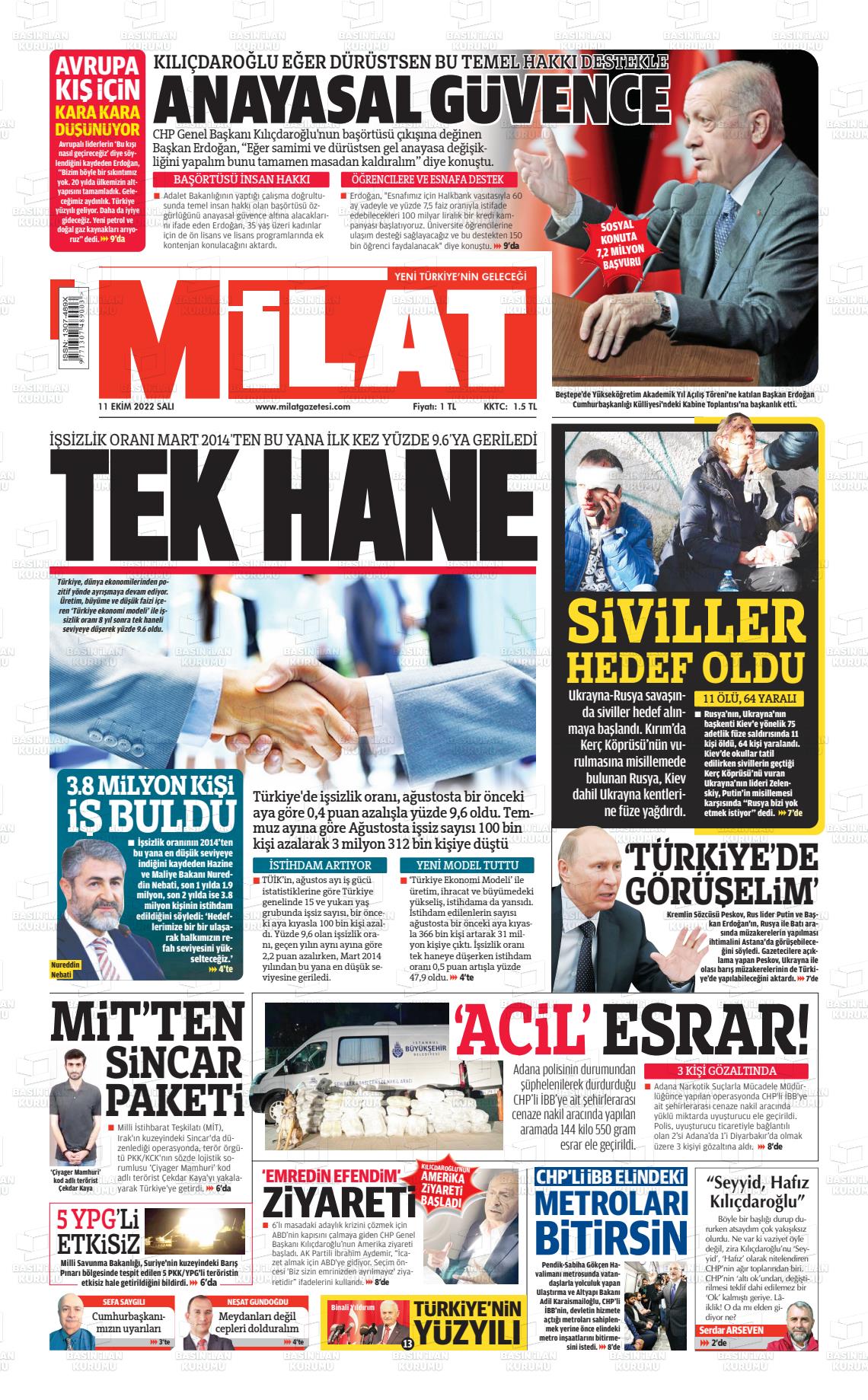 11 Ekim 2022 Milat Gazete Manşeti