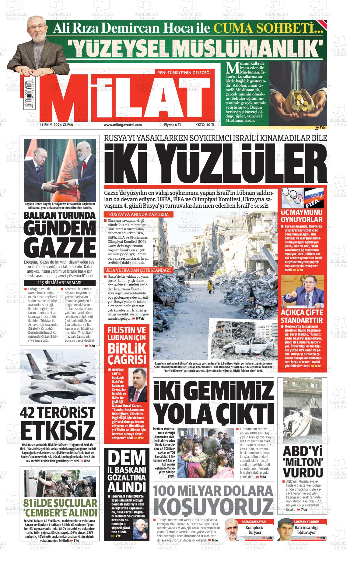 11 Ekim 2024 Milat Gazete Manşeti