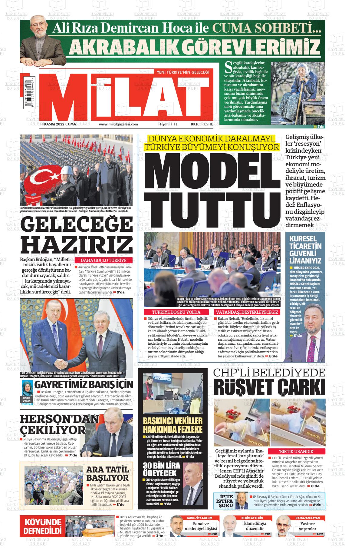 11 Kasım 2022 Milat Gazete Manşeti