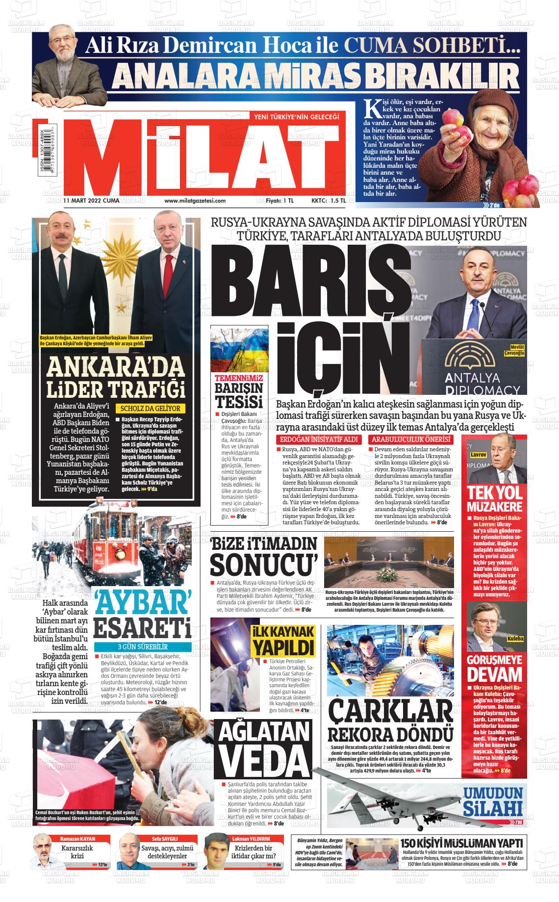 11 Mart 2022 Milat Gazete Manşeti