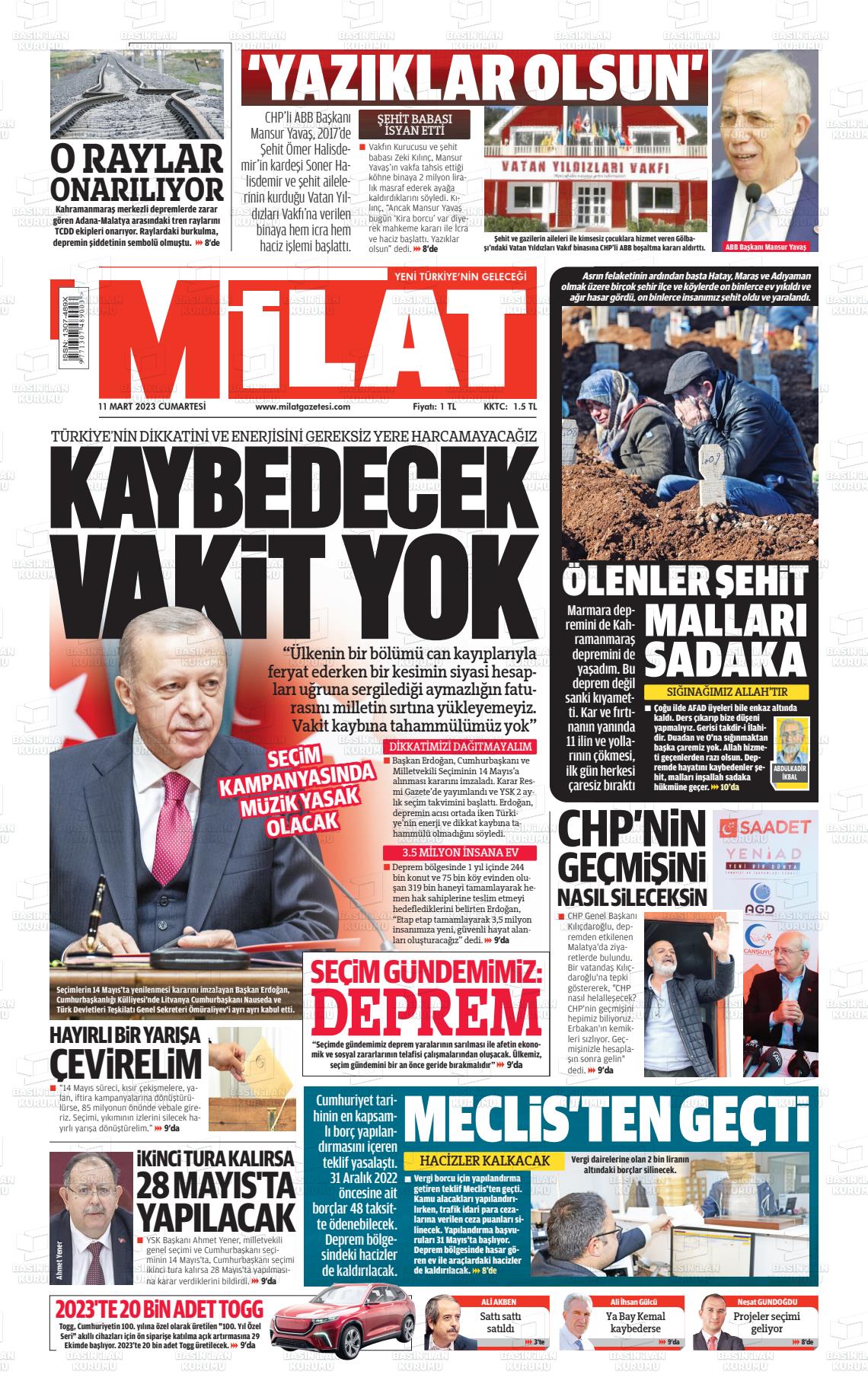 11 Mart 2023 Milat Gazete Manşeti