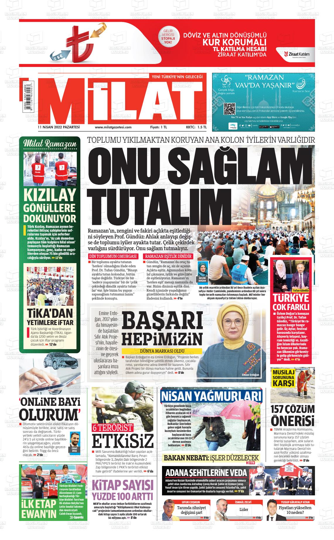 11 Nisan 2022 Milat Gazete Manşeti