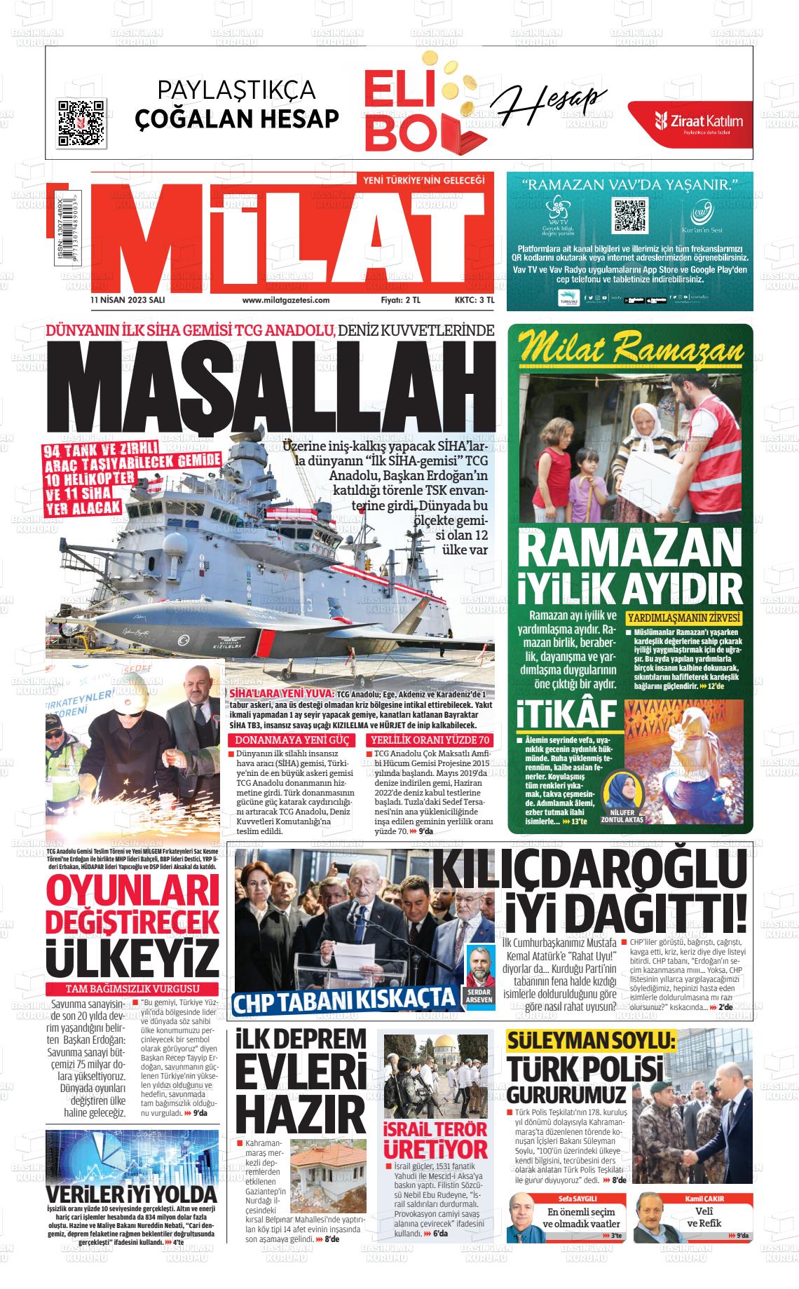 11 Nisan 2023 Milat Gazete Manşeti