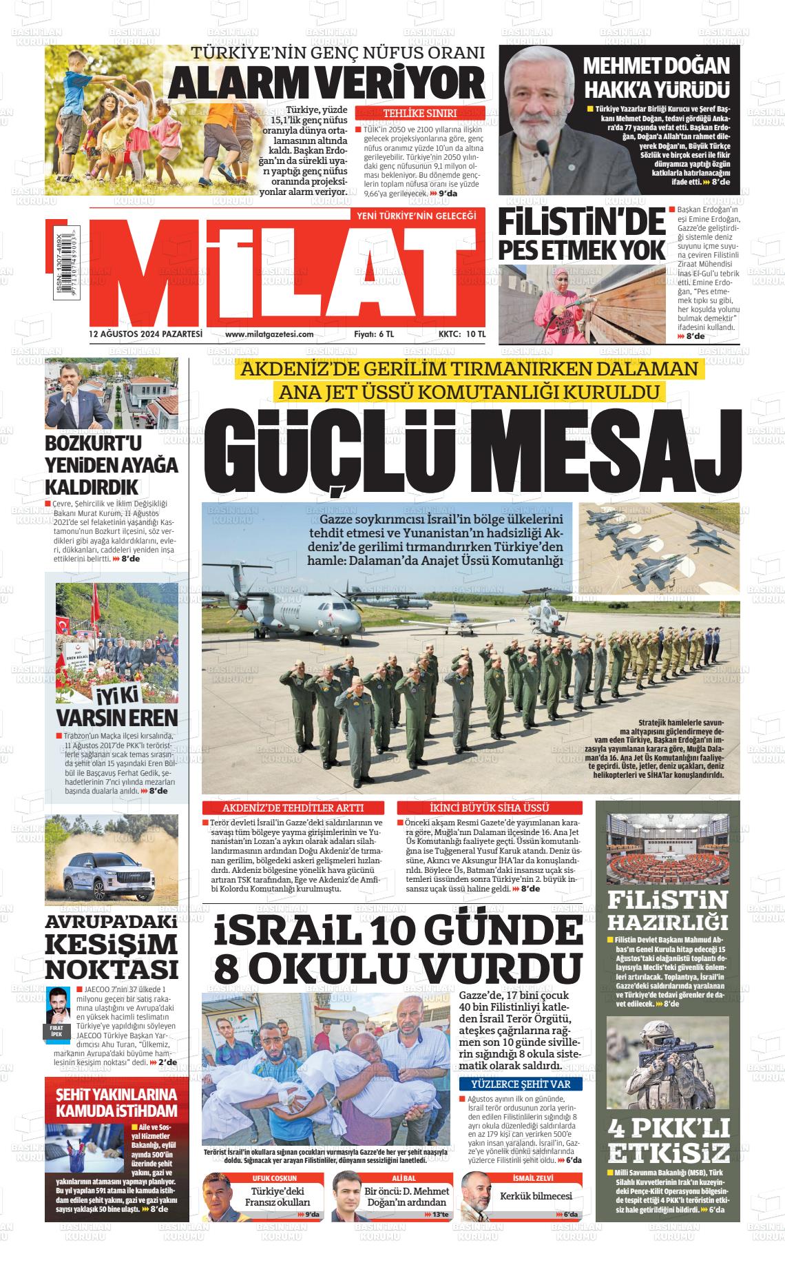 12 Ağustos 2024 Milat Gazete Manşeti