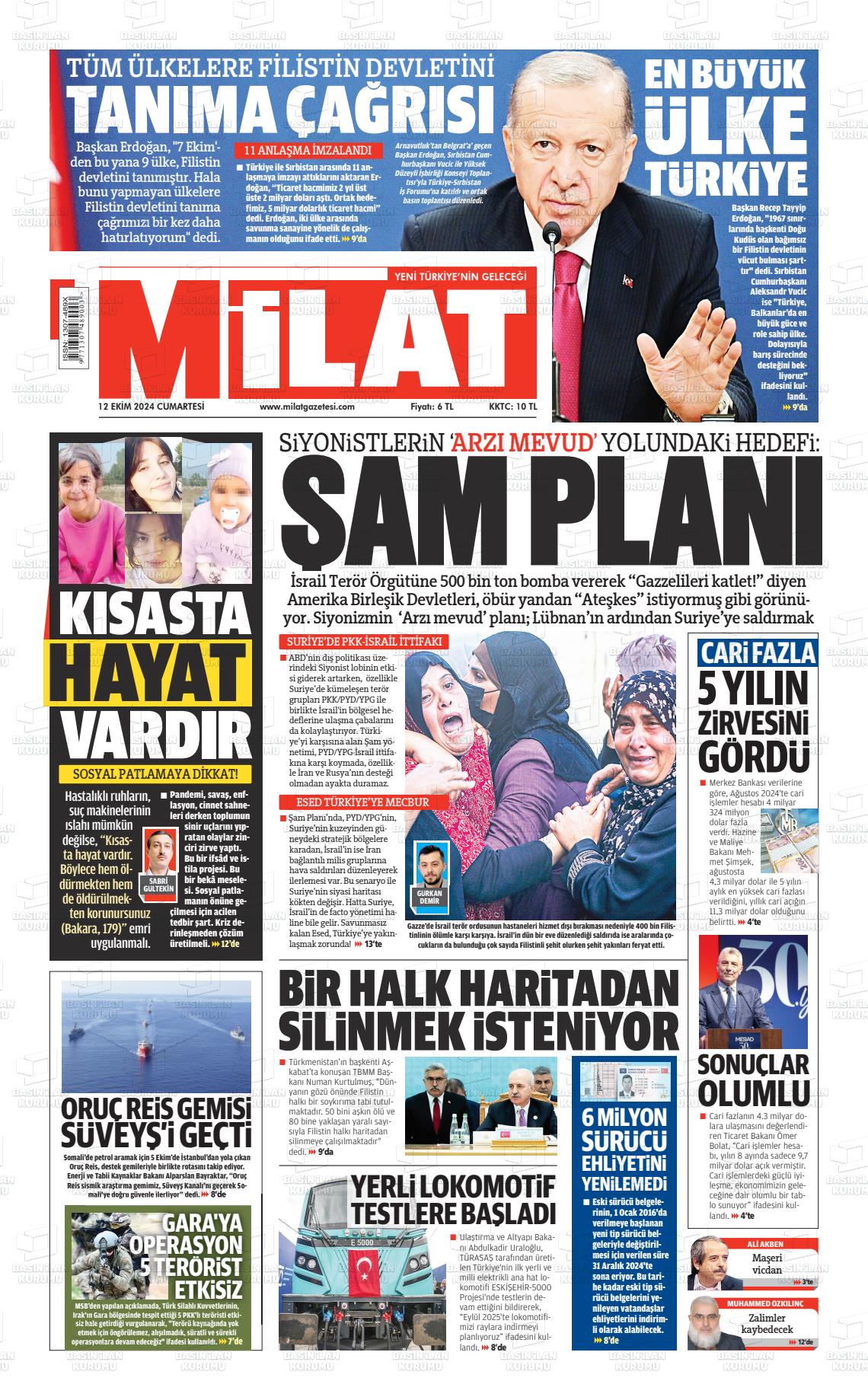 12 Ekim 2024 Milat Gazete Manşeti