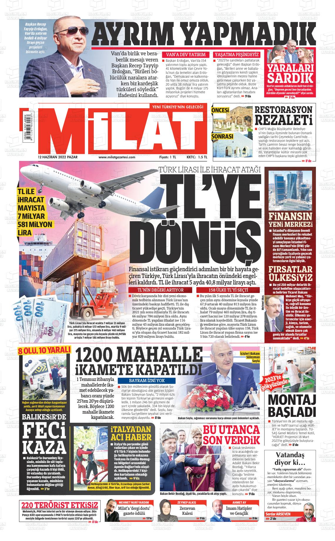 12 Haziran 2022 Milat Gazete Manşeti