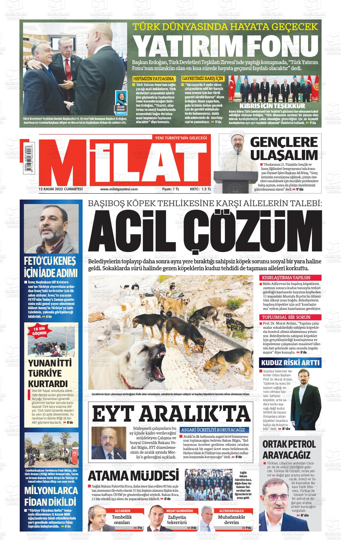 12 Kasım 2022 Milat Gazete Manşeti