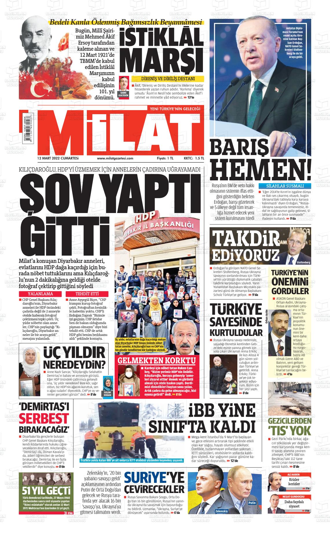 12 Mart 2022 Milat Gazete Manşeti