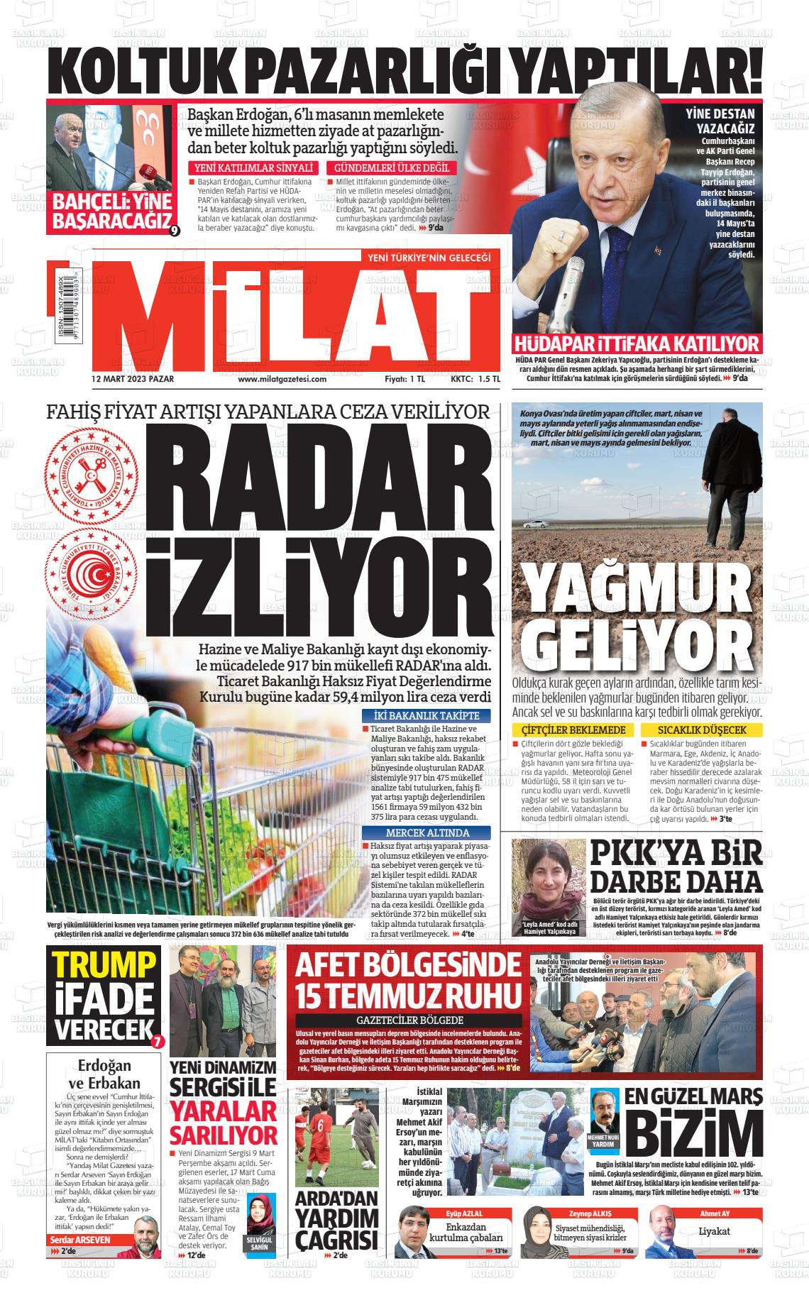 12 Mart 2023 Milat Gazete Manşeti