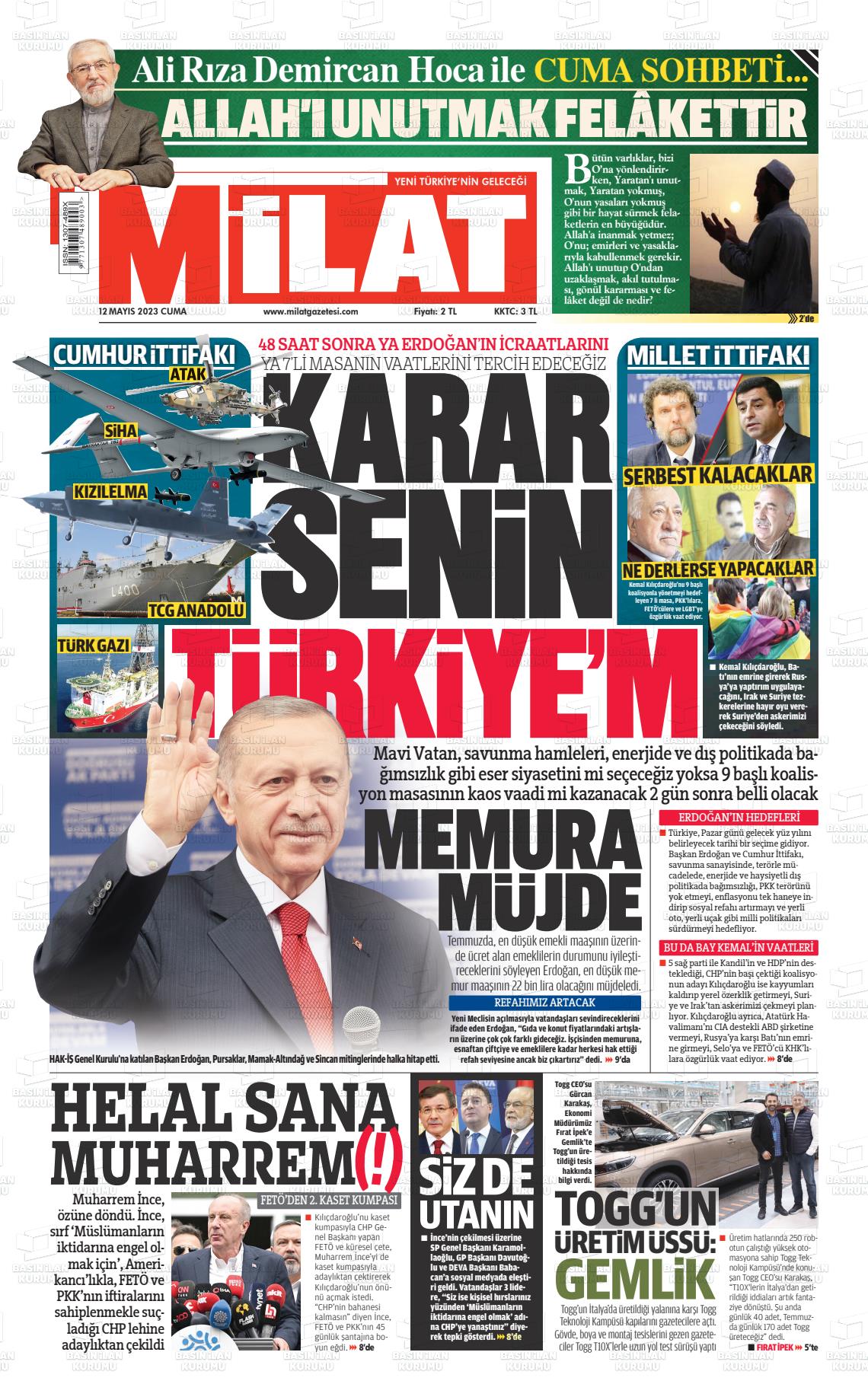 12 Mayıs 2023 Milat Gazete Manşeti