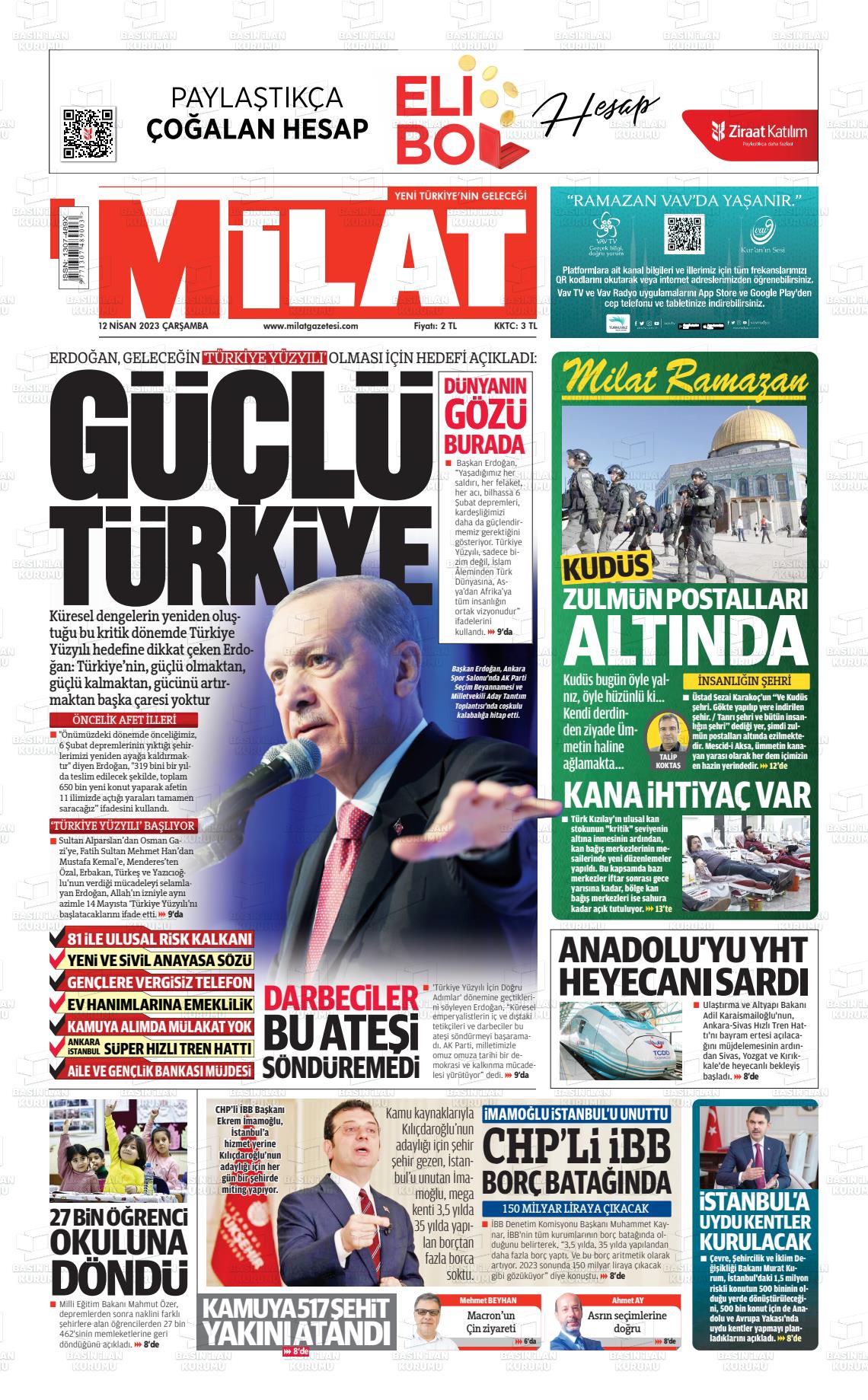 12 Nisan 2023 Milat Gazete Manşeti