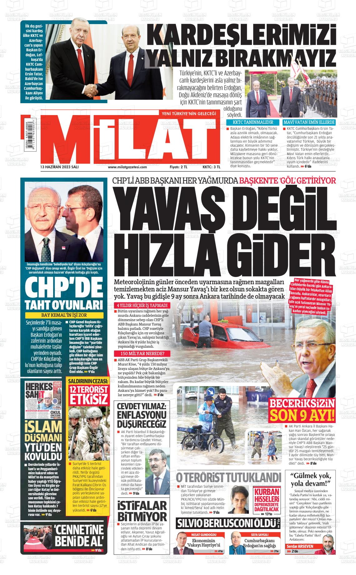 13 Haziran 2023 Milat Gazete Manşeti