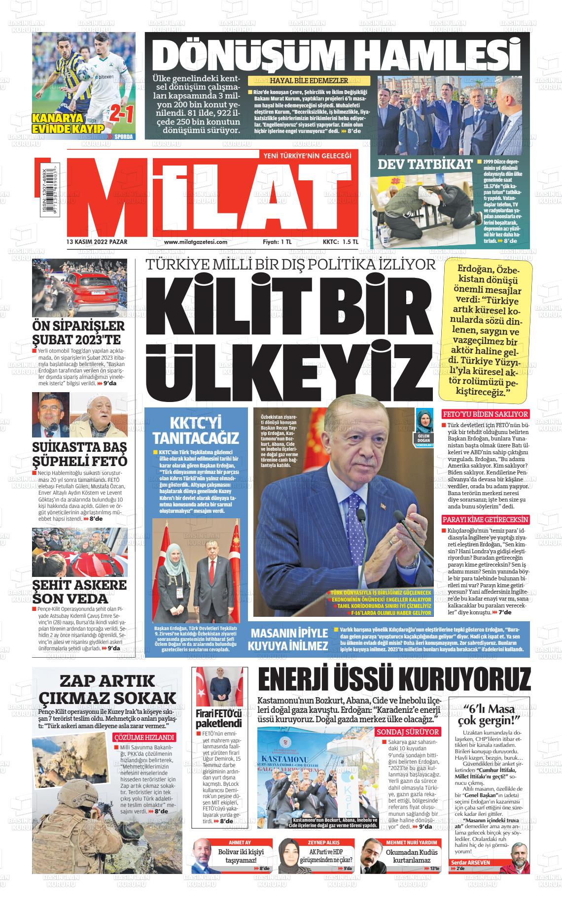 13 Kasım 2022 Milat Gazete Manşeti