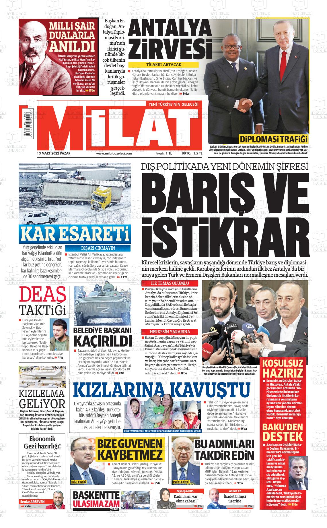 13 Mart 2022 Milat Gazete Manşeti