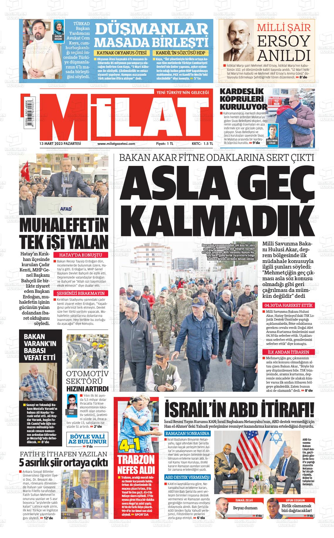 13 Mart 2023 Milat Gazete Manşeti