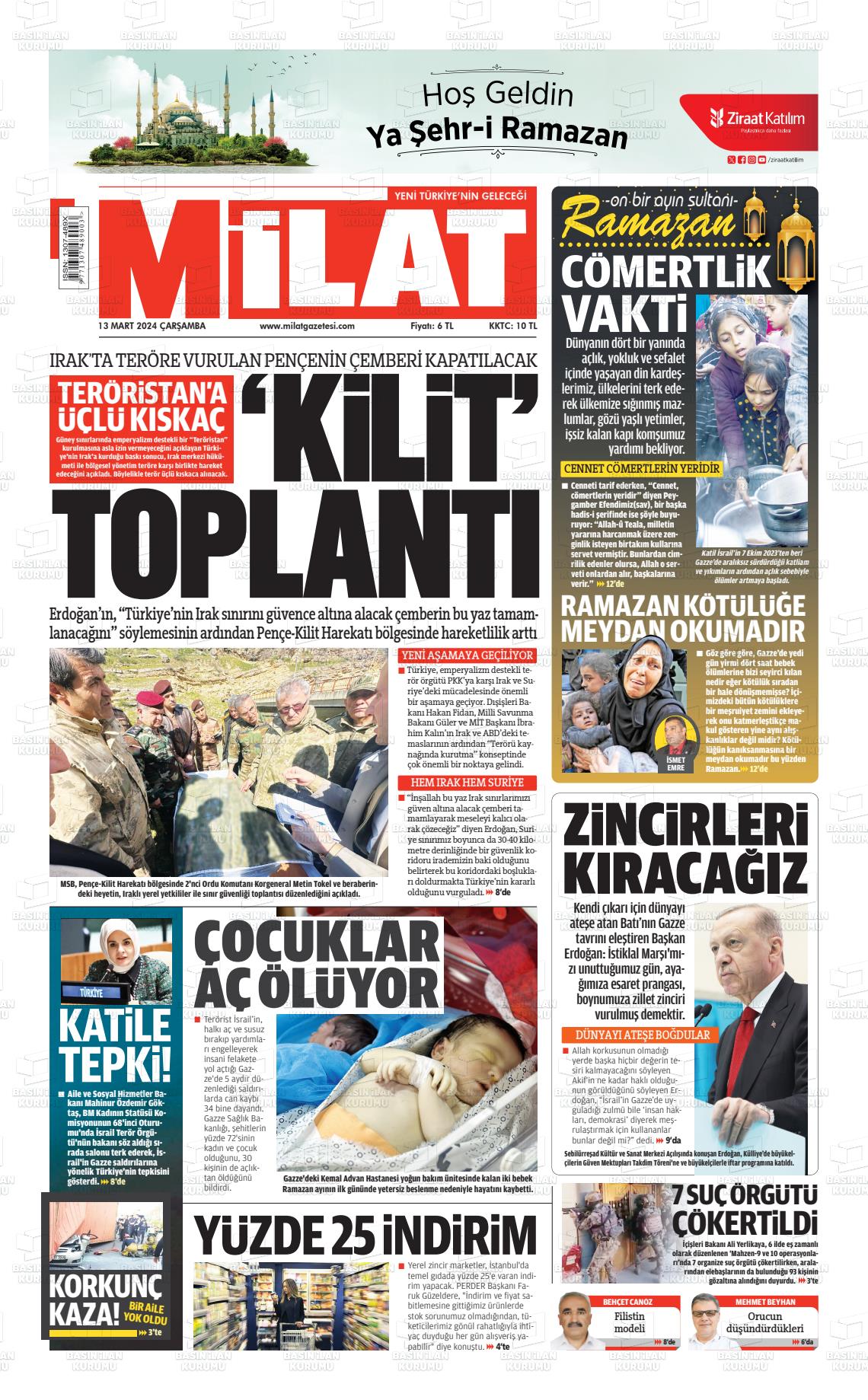 13 Mart 2024 Milat Gazete Manşeti