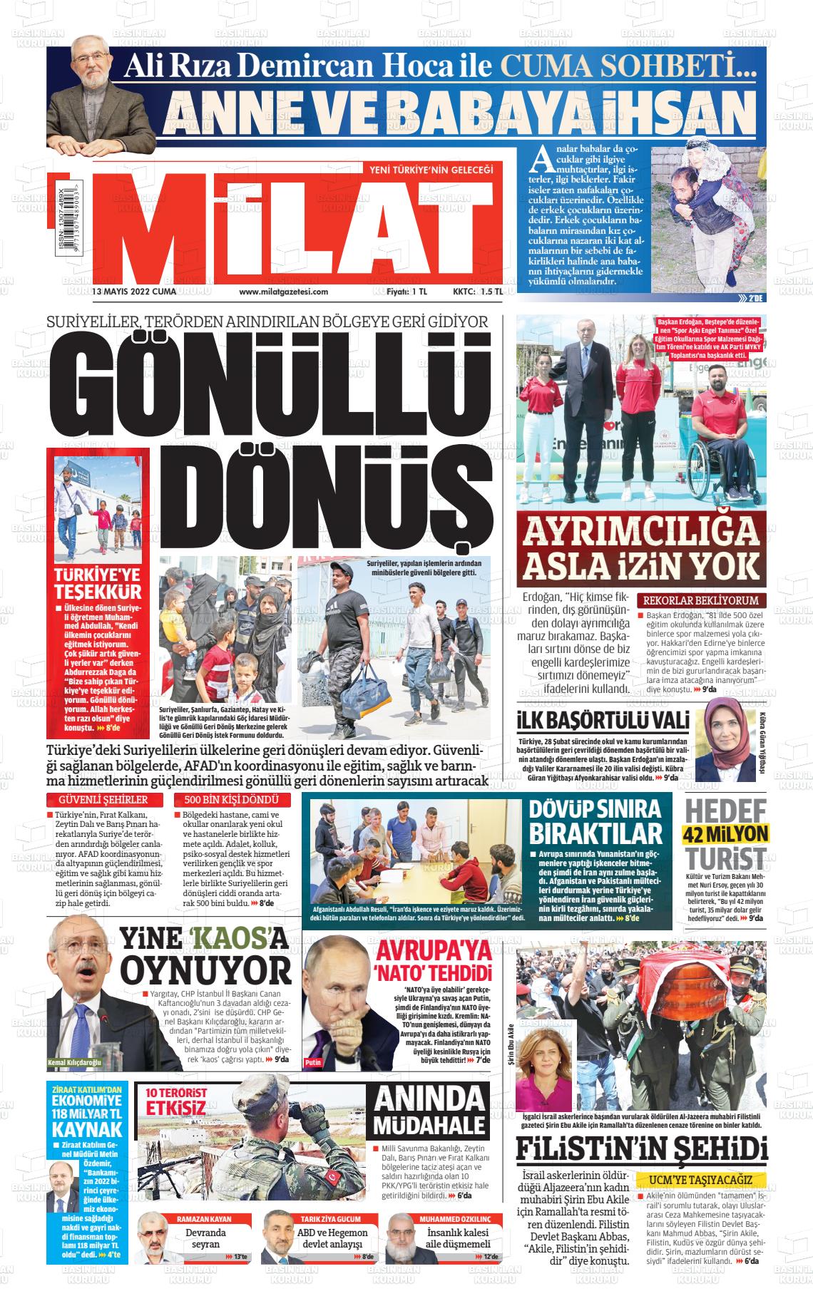 13 Mayıs 2022 Milat Gazete Manşeti