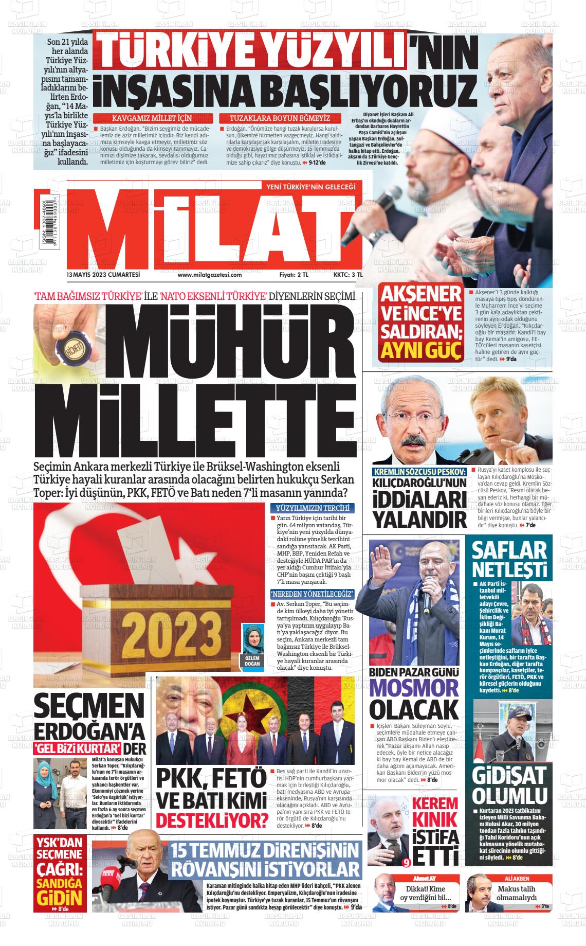 13 Mayıs 2023 Milat Gazete Manşeti